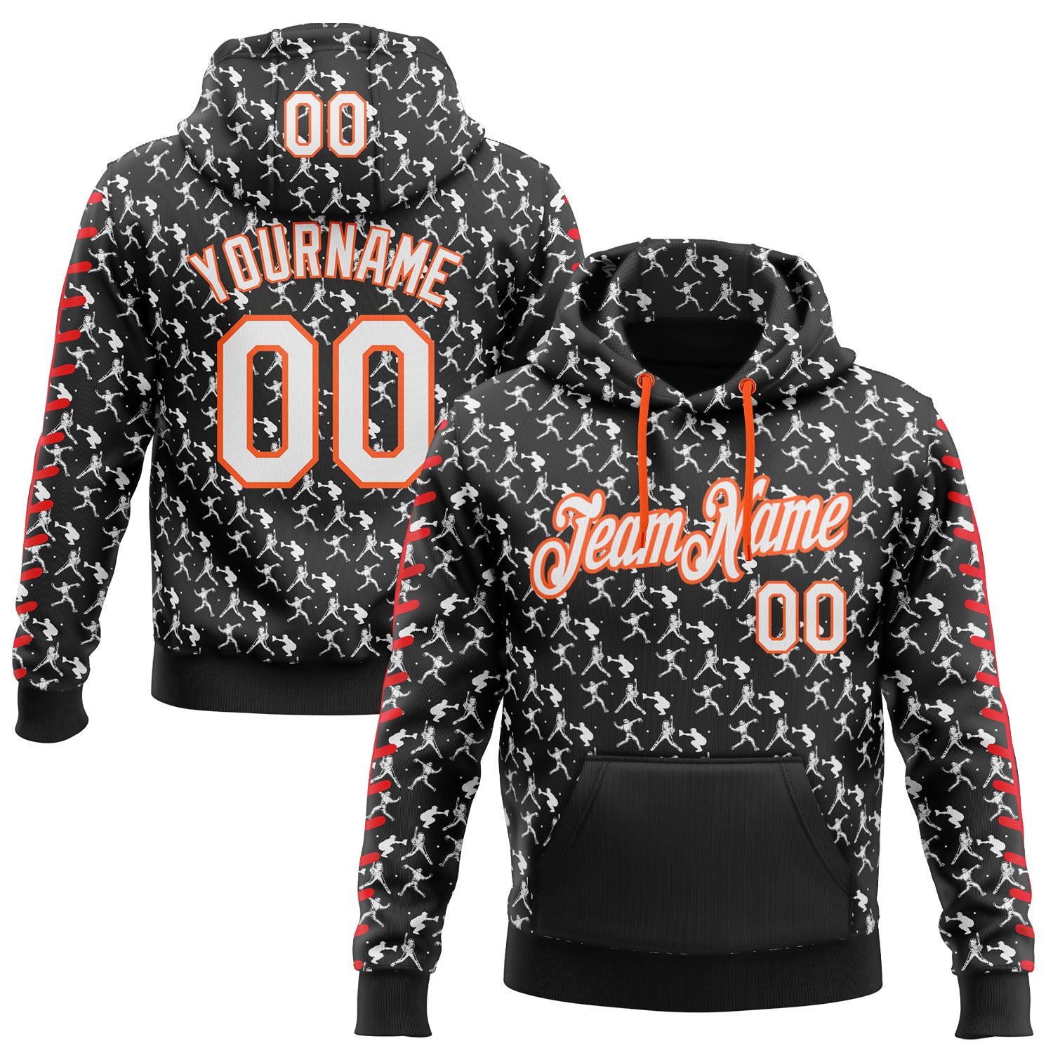 Custom Stitched Black White Orange-Red 3D Pattern Design Baseball Game Day Cincinnati Inspired Sports Pullover Sweatshirt Hoodie
