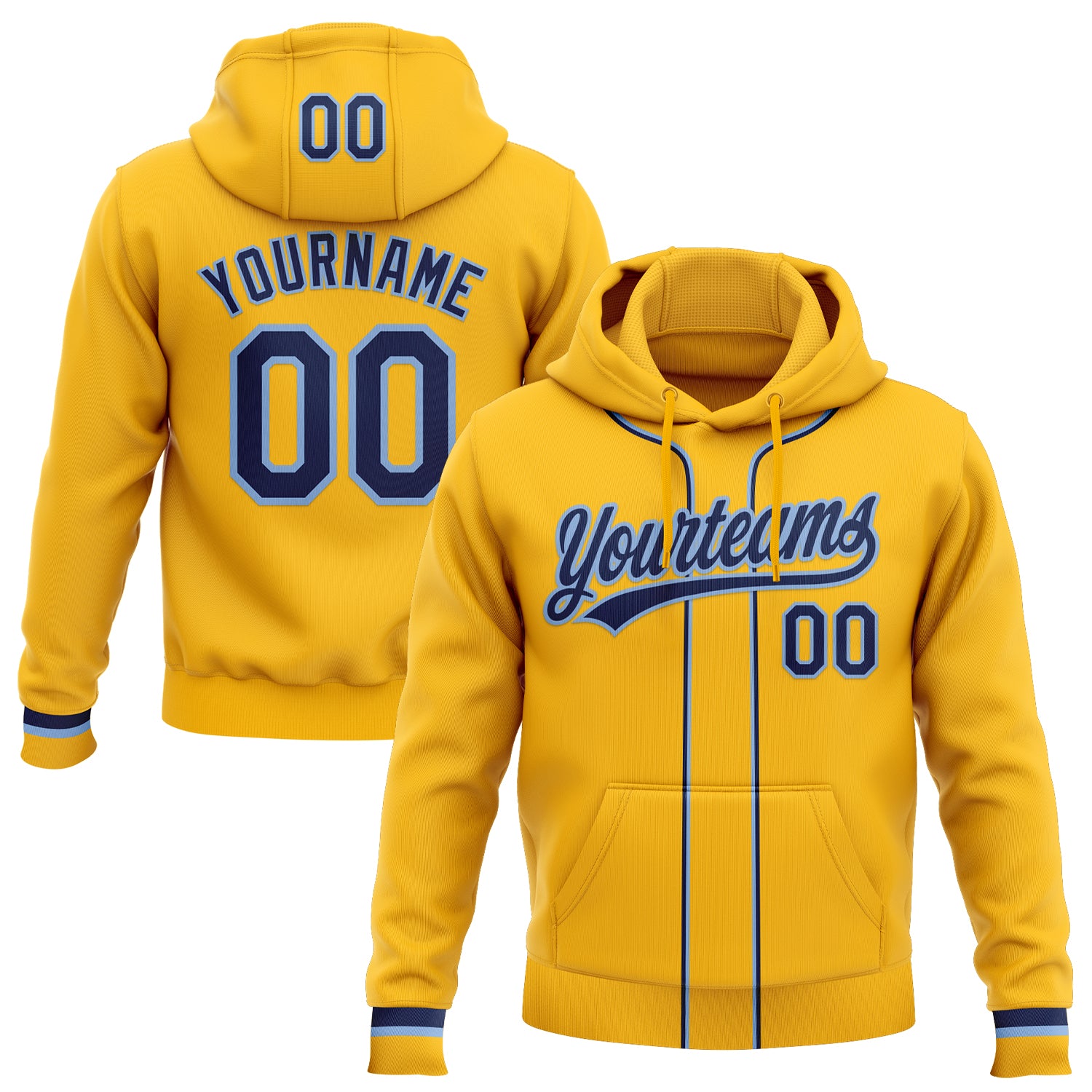 Custom Stitched Gold Navy-Light Blue Baseball Pullover Sweatshirt Hoodie