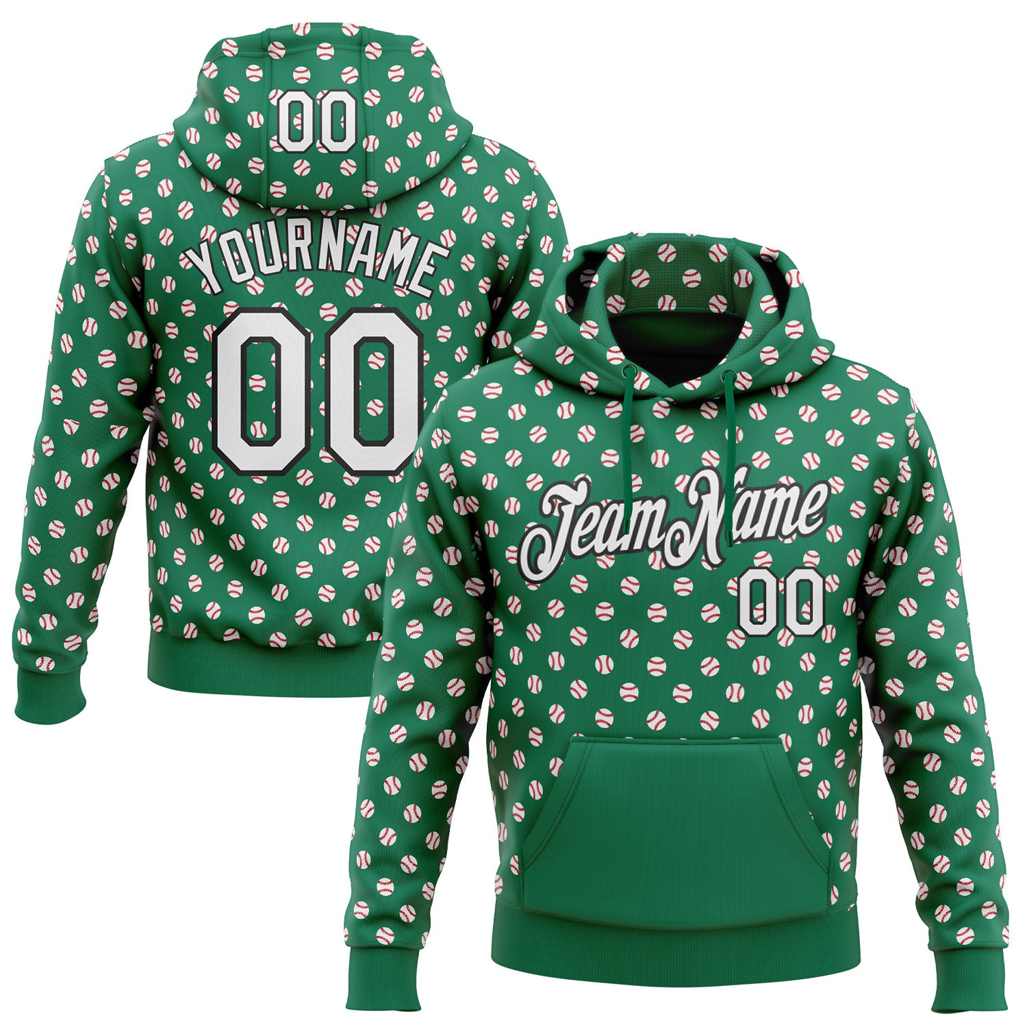 Custom Stitched Kelly Green White-Black 3D Pattern Design Baseball Game Day New York Inspired Sports Pullover Sweatshirt Hoodie