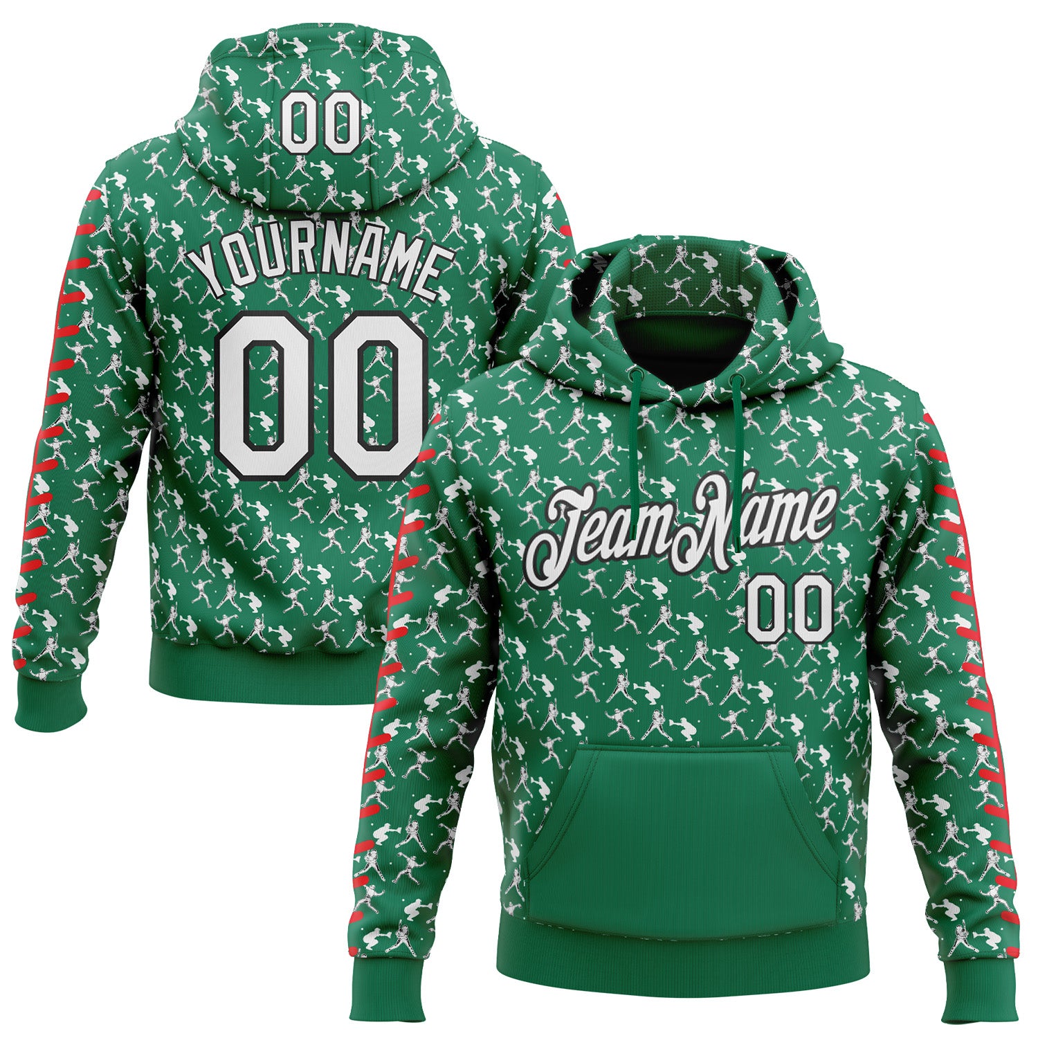 Custom Stitched Kelly Green White Red-Black 3D Pattern Design Baseball Game Day New York Inspired Sports Pullover Sweatshirt Hoodie