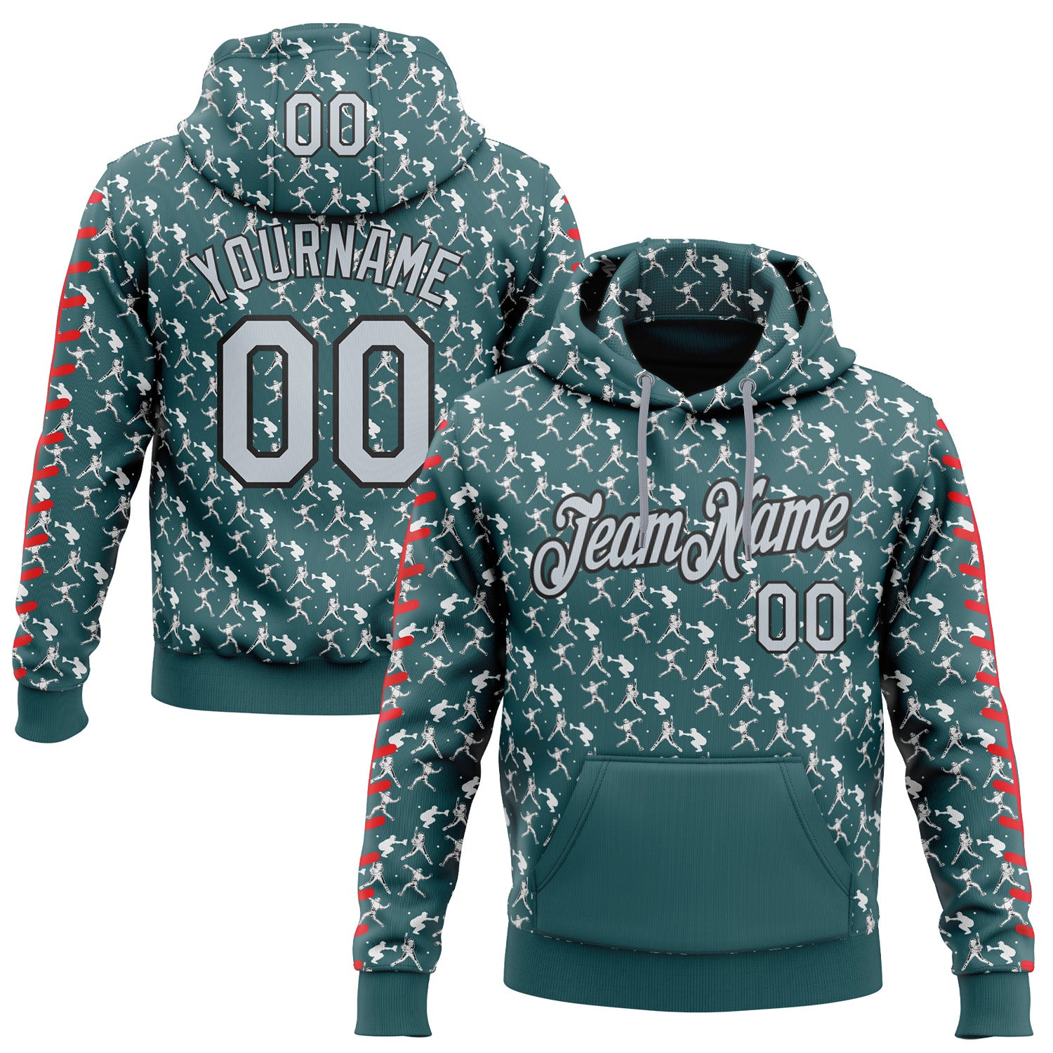 Custom Stitched Midnight Green Silver Red Black-White 3D Pattern Design Baseball Game Day Philadelphia Inspired Sports Pullover Sweatshirt Hoodie