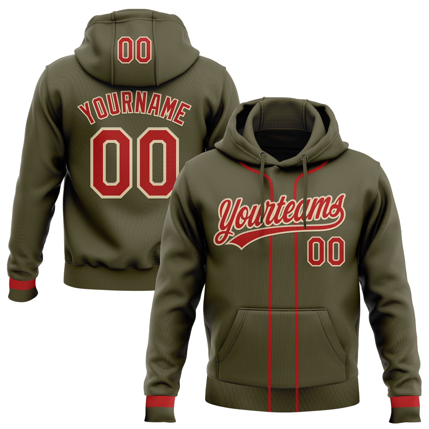 Custom Stitched Olive Red-Cream Baseball Pullover Sweatshirt Hoodie
