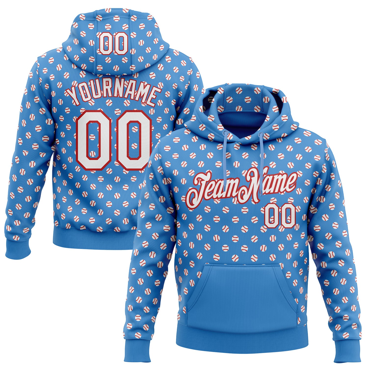 Custom Stitched Powder Blue White-Red 3D Pattern Design Baseball Game Day Tennessee Inspired Sports Pullover Sweatshirt Hoodie