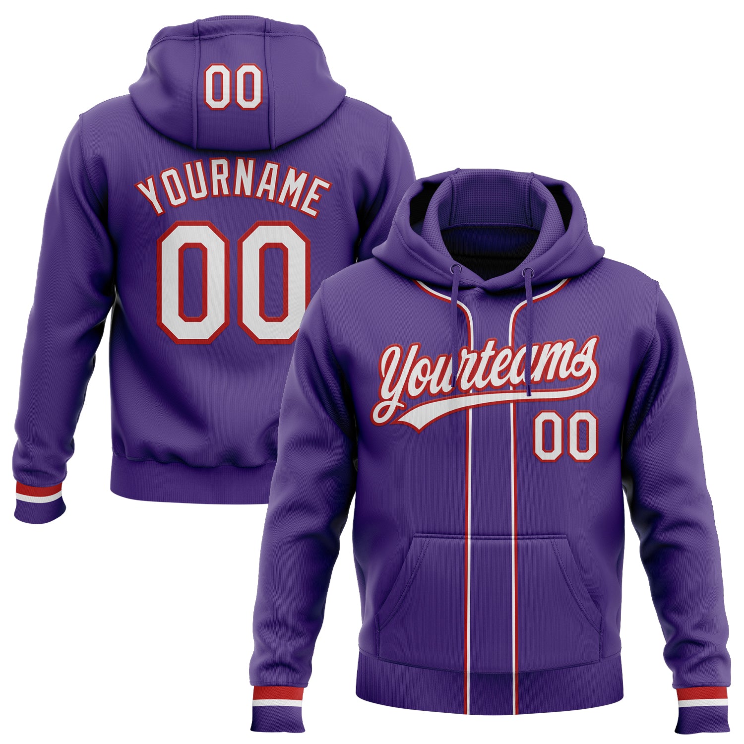 Custom Stitched Purple White-Red Baseball Pullover Sweatshirt Hoodie