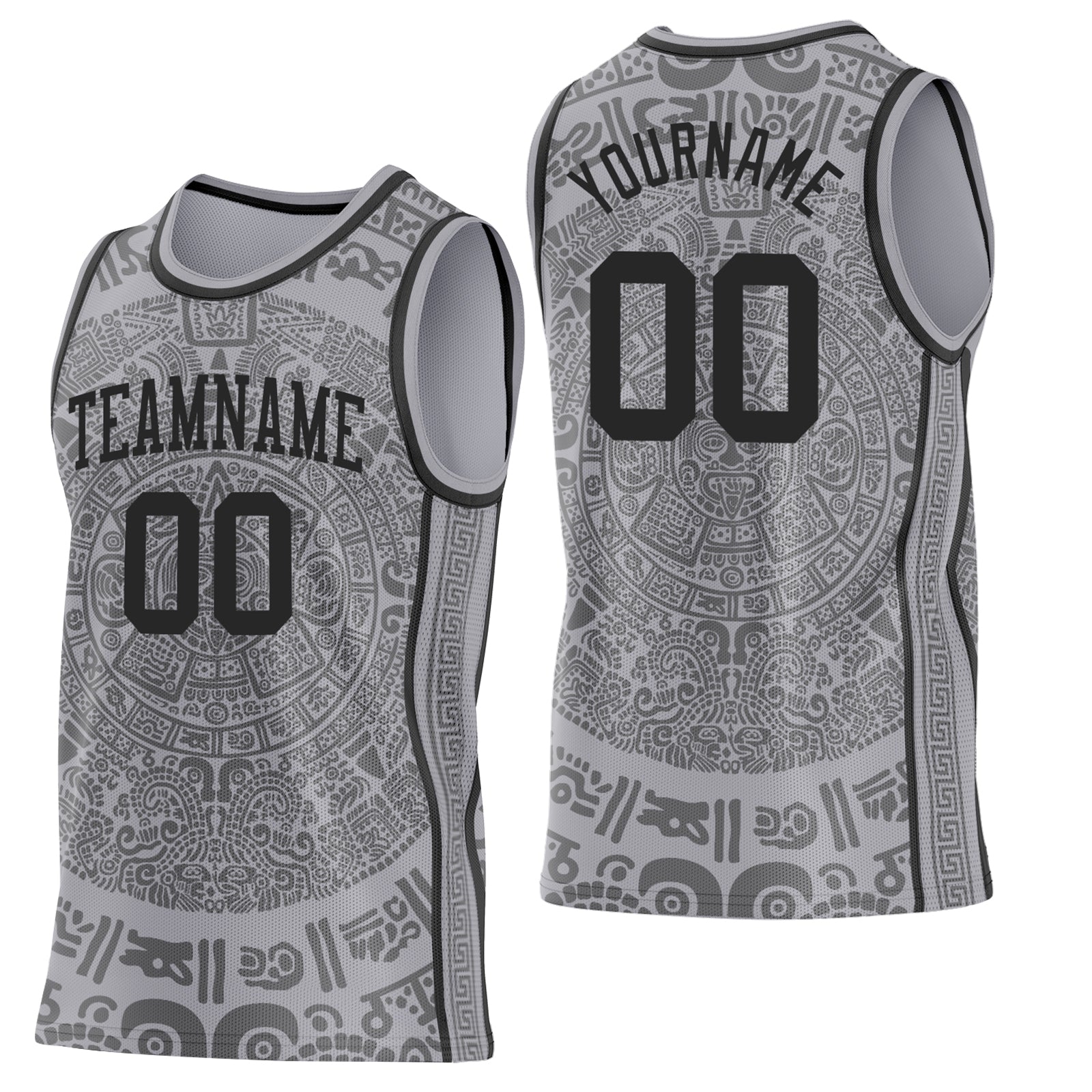 Custom Gray-Black Tribal Ethnic Aztec Sun Stone Side Panel Stripe Round Neck Sublimation Basketball Set Jersey