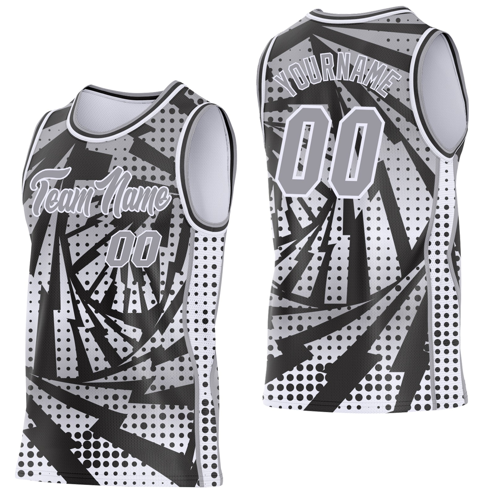 Custom Gray Black-White Lightning Gradient Dot Side Panel Stripe Round Neck Sublimation Basketball Set Jersey