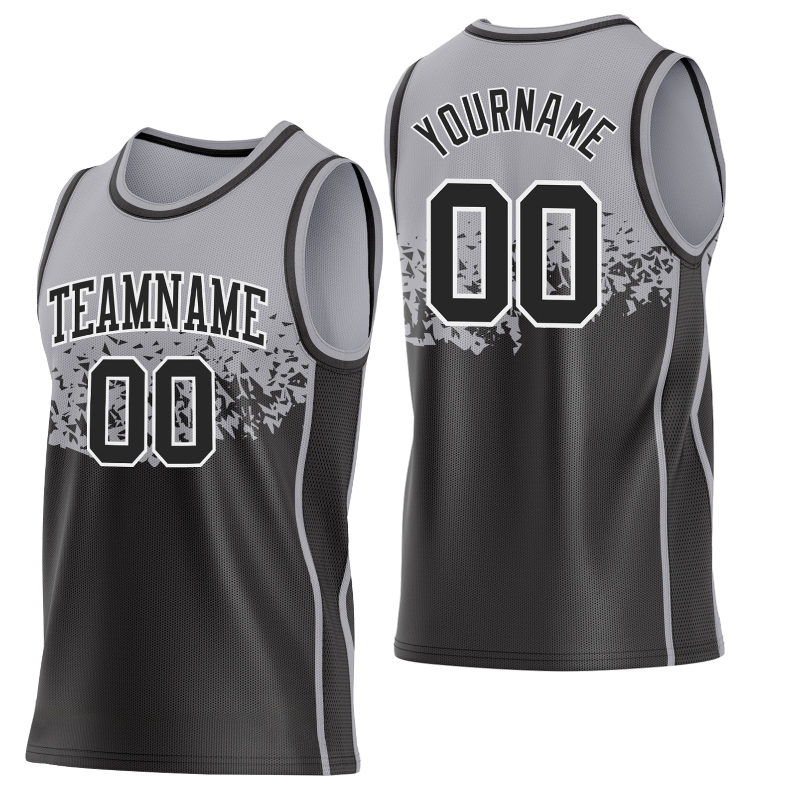 Custom Gray Black-White Shattered Geometric Side Panel Stripe Round Neck Sublimation Basketball Set Jersey