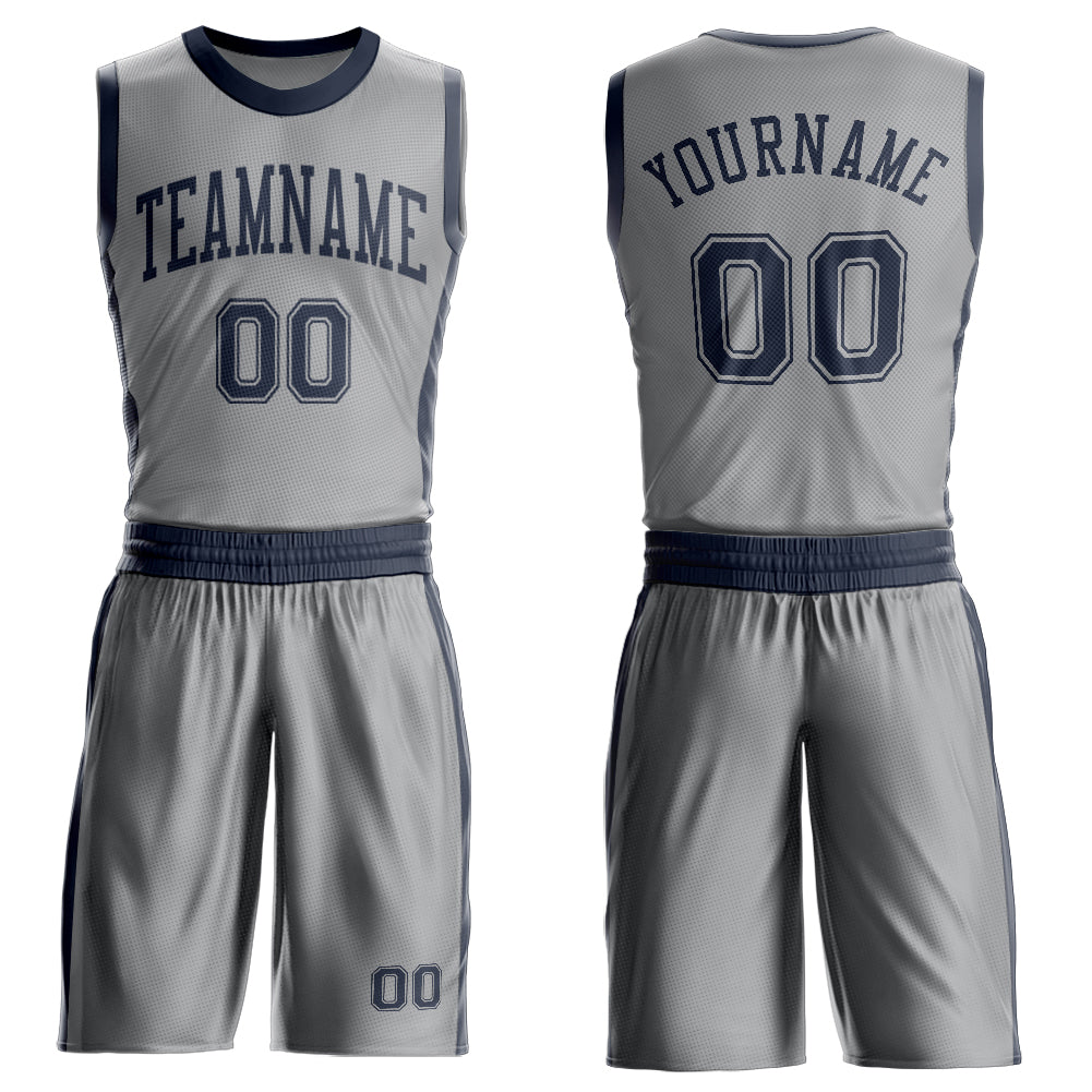 Custom Gray Navy Round Neck Suit Basketball Jersey