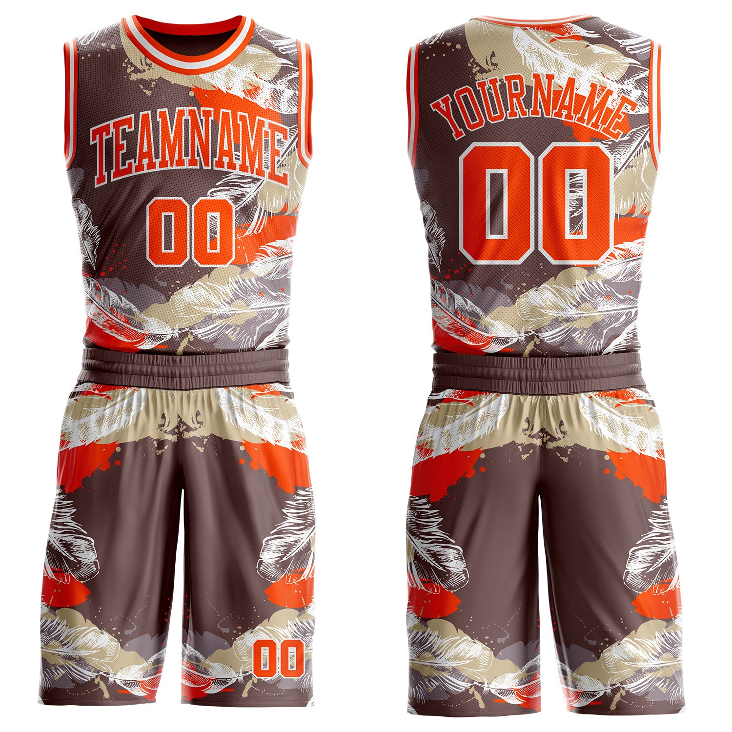 Custom Gray Orange-White Feather Wing Boho Style Round Neck Sublimation Basketball Uniform Jersey