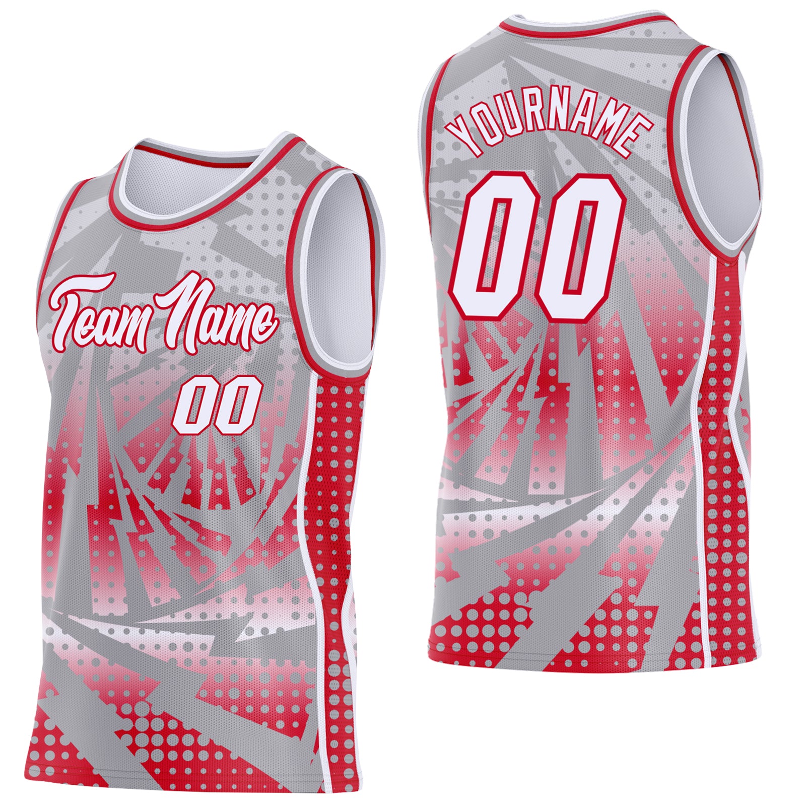 Custom Gray White-Red Lightning Gradient Dot Side Panel Stripe Round Neck Sublimation Basketball Set Jersey