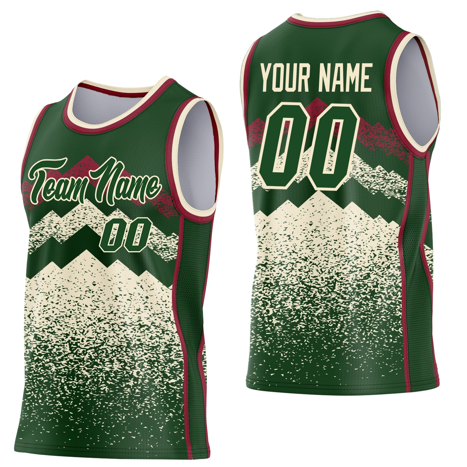 Custom Green Cream-Crimson Mountain Peak Shards Side Panel Stripe Round Neck Sublimation Basketball Set Jersey