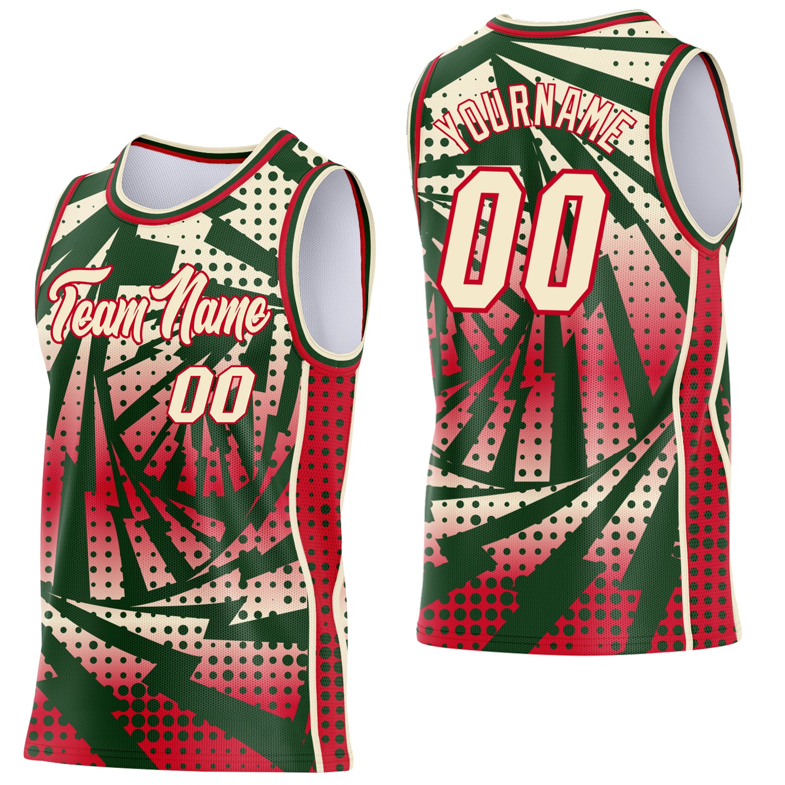 Custom Green Cream-Red Lightning Gradient Dot Side Panel Stripe Round Neck Sublimation Basketball Set Jersey