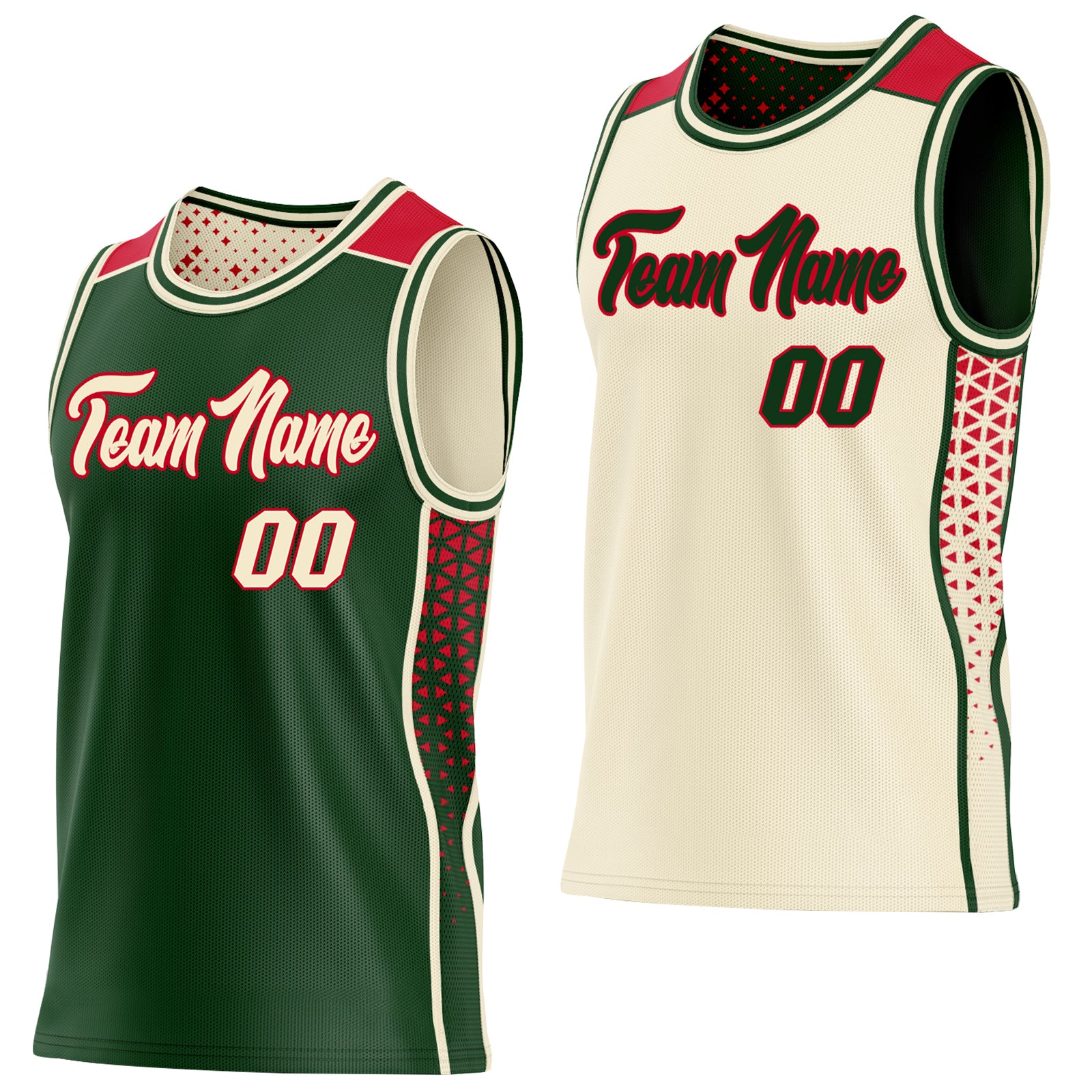 Custom Green Cream-Red Side Panel Stripe Geometric Triangle Gradient Dot Reversible Double Side Sublimation Basketball Set Jersey