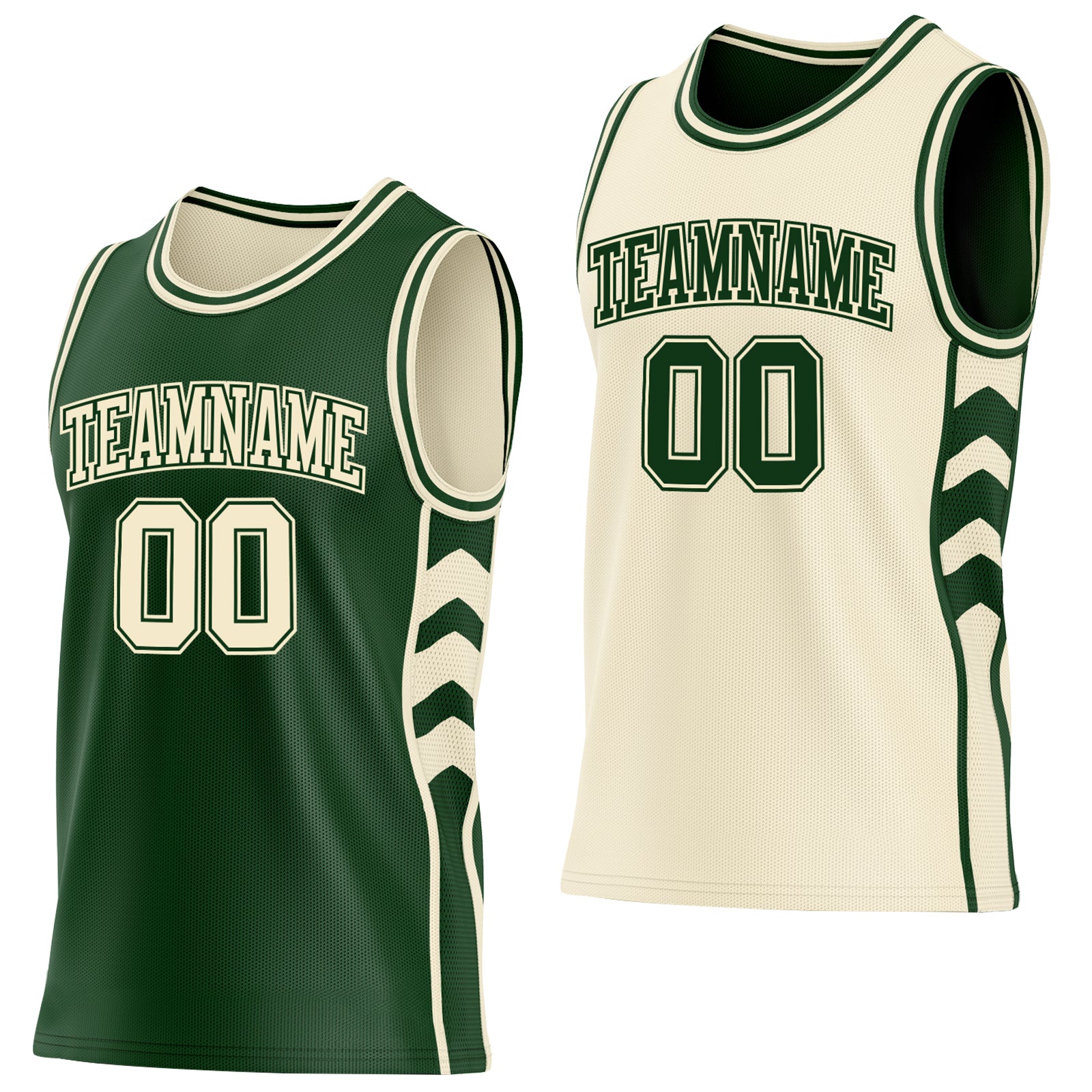 Custom Green-Cream Side Panel Geometric Chevron Reversible Double Side Sublimation Basketball Set Jersey