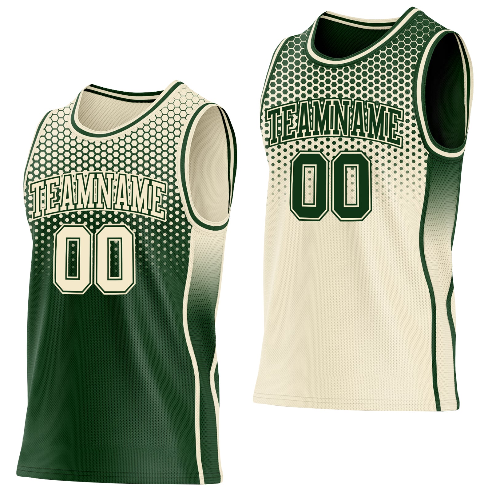 Custom Green-Cream Side Panel Stripe Gradient Geometric Honeycomb Reversible Double Side Sublimation Basketball Set Jersey