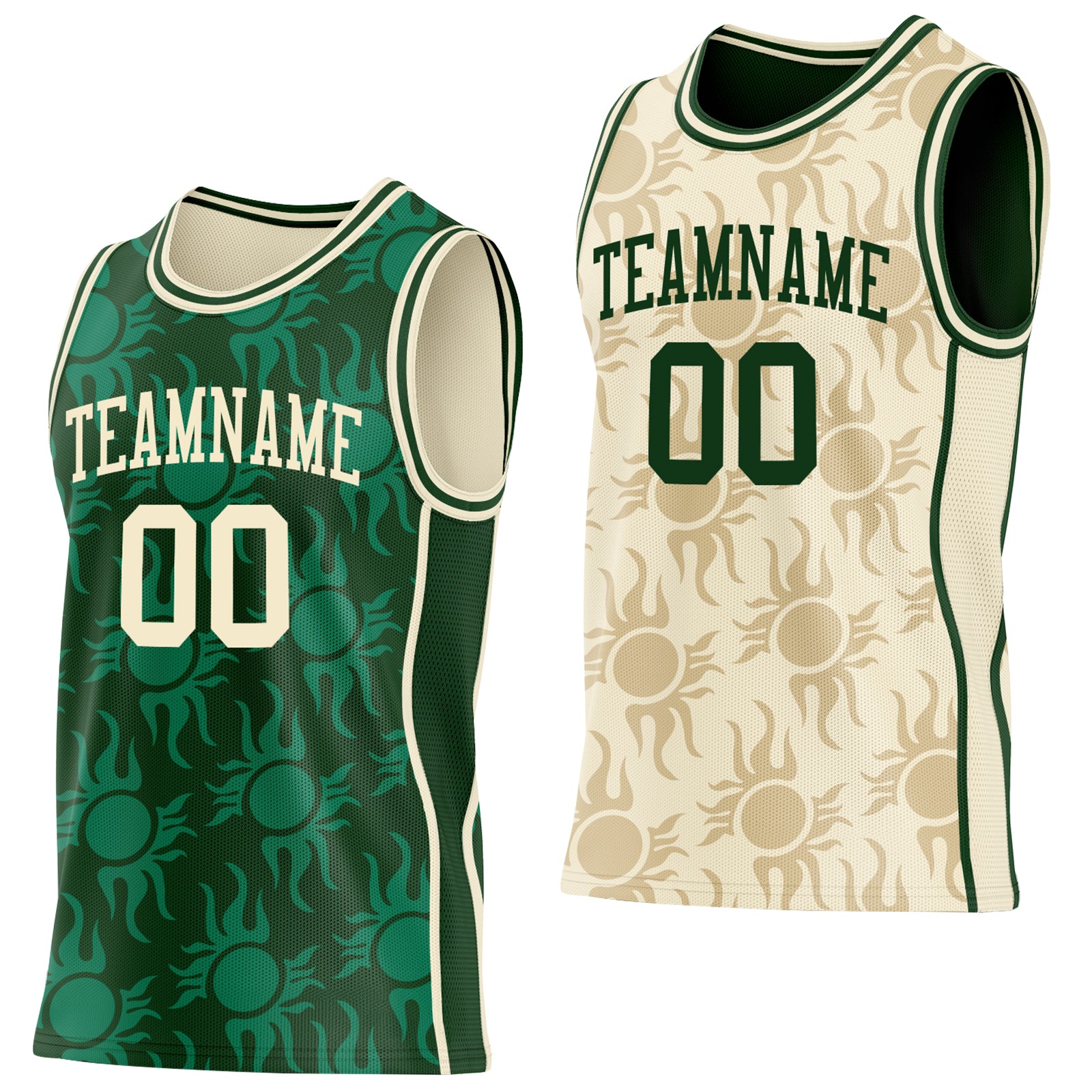 Custom Green-Cream Side Panel Stripe Sun Flame Reversible Double Side Sublimation Basketball Set Jersey