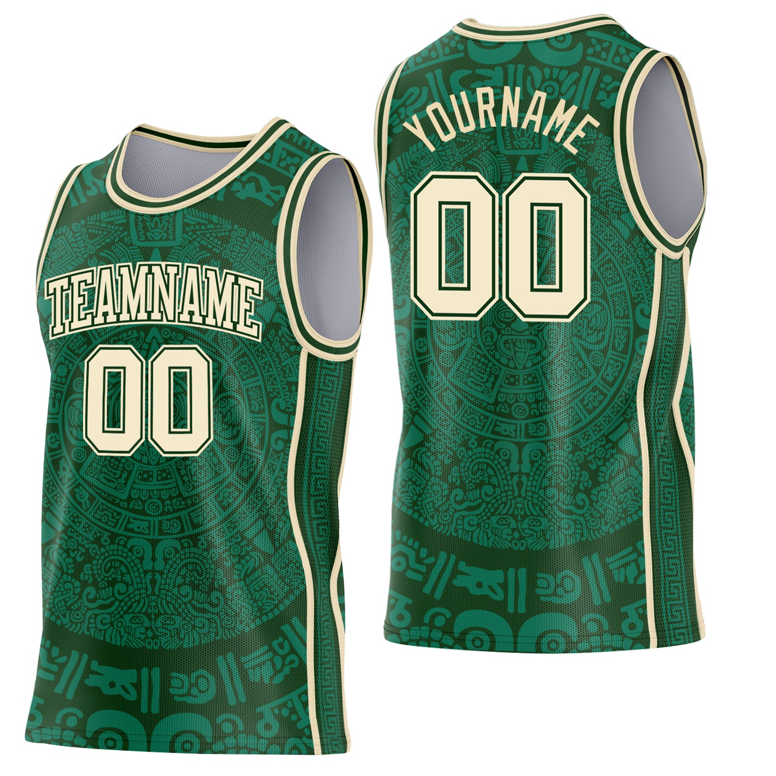 Custom Green-Cream Tribal Ethnic Aztec Sun Stone Side Panel Stripe Round Neck Sublimation Basketball Set Jersey