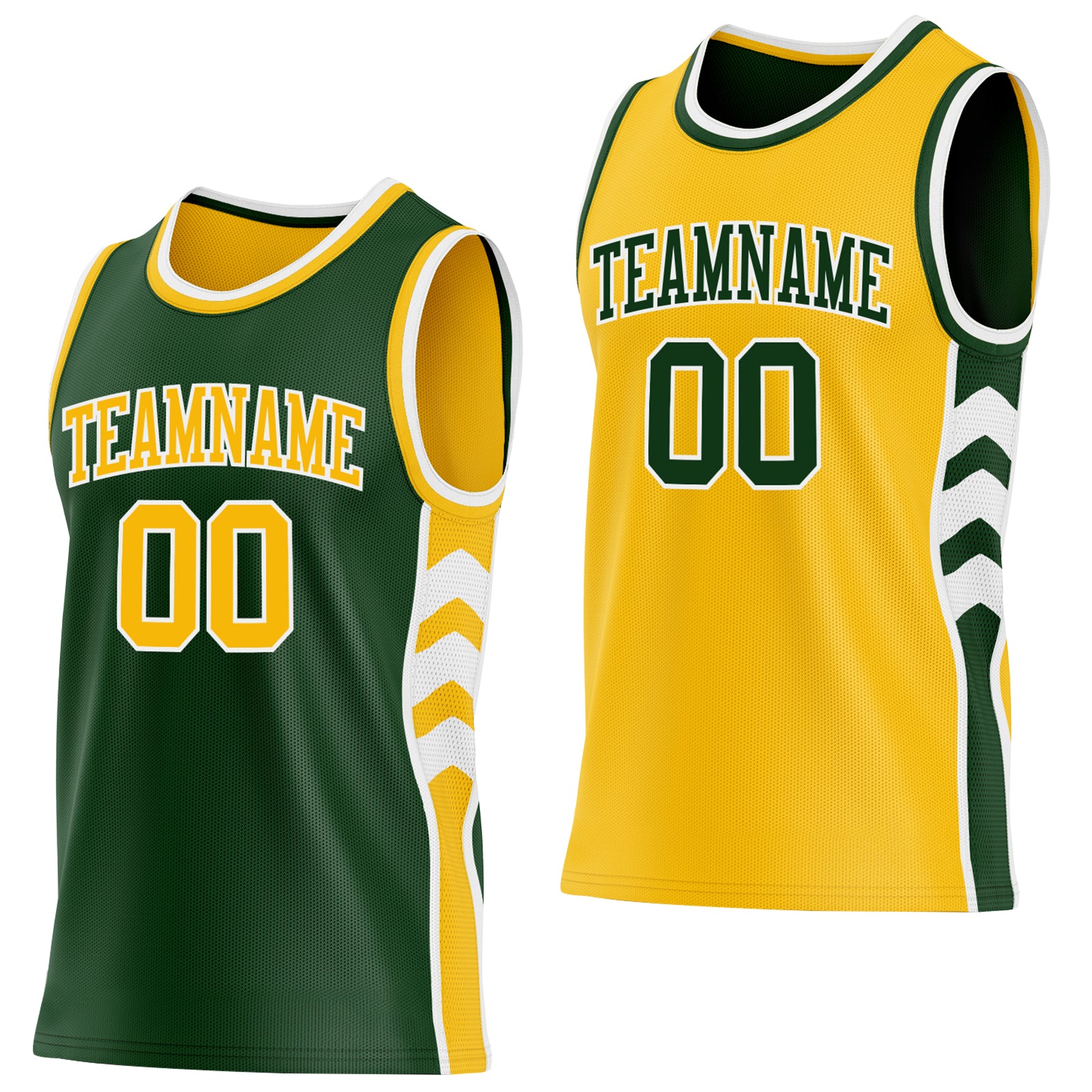 Custom Green Gold-White Side Panel Geometric Chevron Reversible Double Side Sublimation Basketball Set Jersey