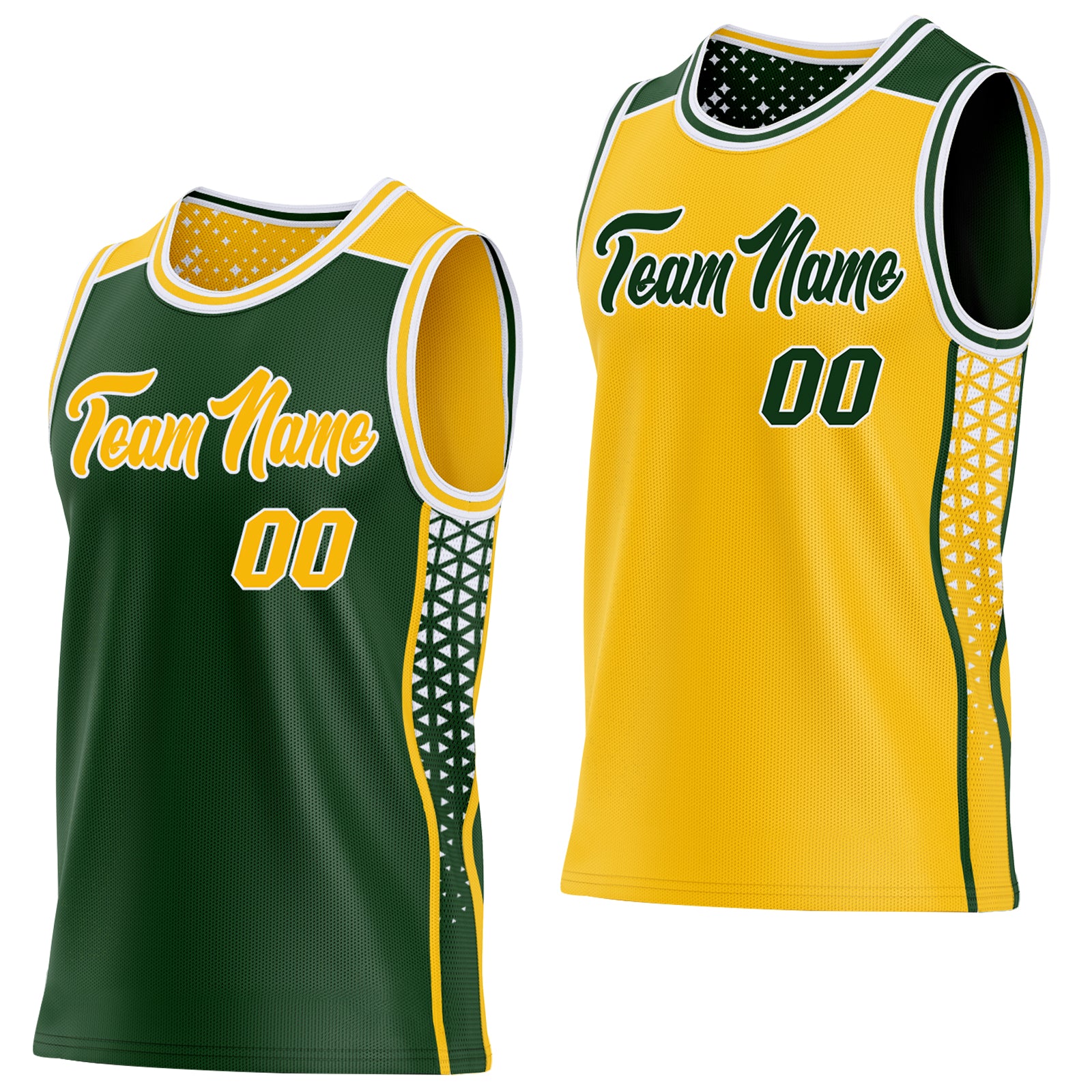 Custom Green Gold-White Side Panel Stripe Geometric Triangle Gradient Dot Reversible Double Side Sublimation Basketball Set Jersey