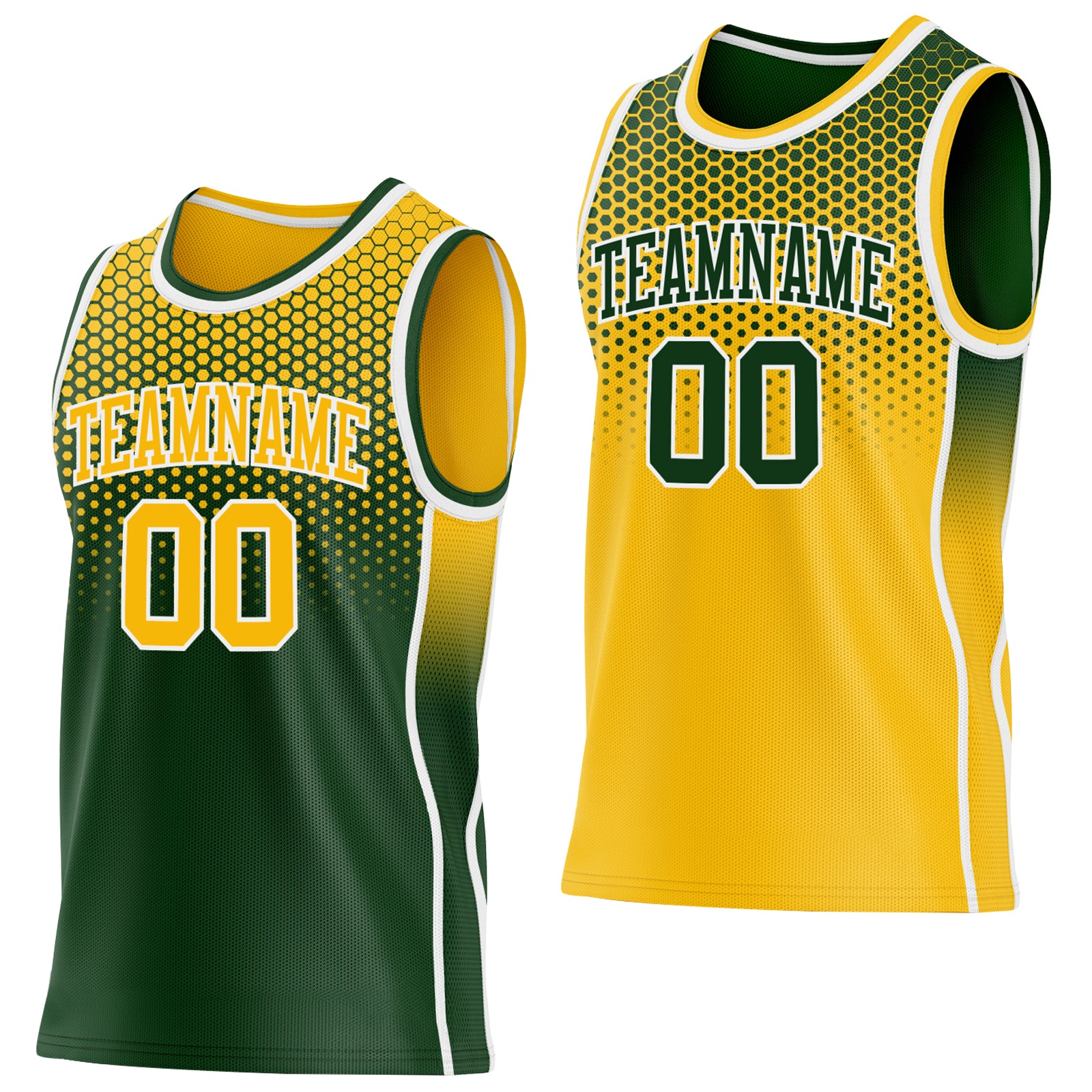Custom Green Gold-White Side Panel Stripe Gradient Geometric Honeycomb Reversible Double Side Sublimation Basketball Set Jersey