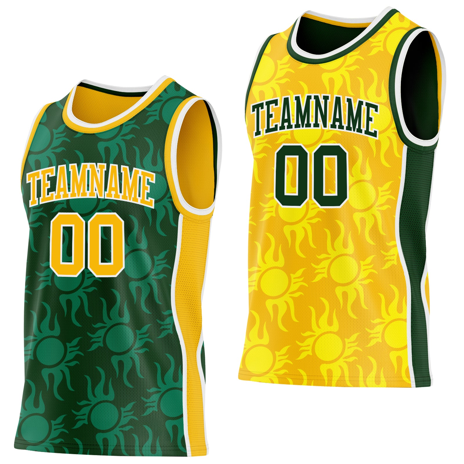 Custom Green Gold-White Side Panel Stripe Sun Flame Reversible Double Side Sublimation Basketball Set Jersey