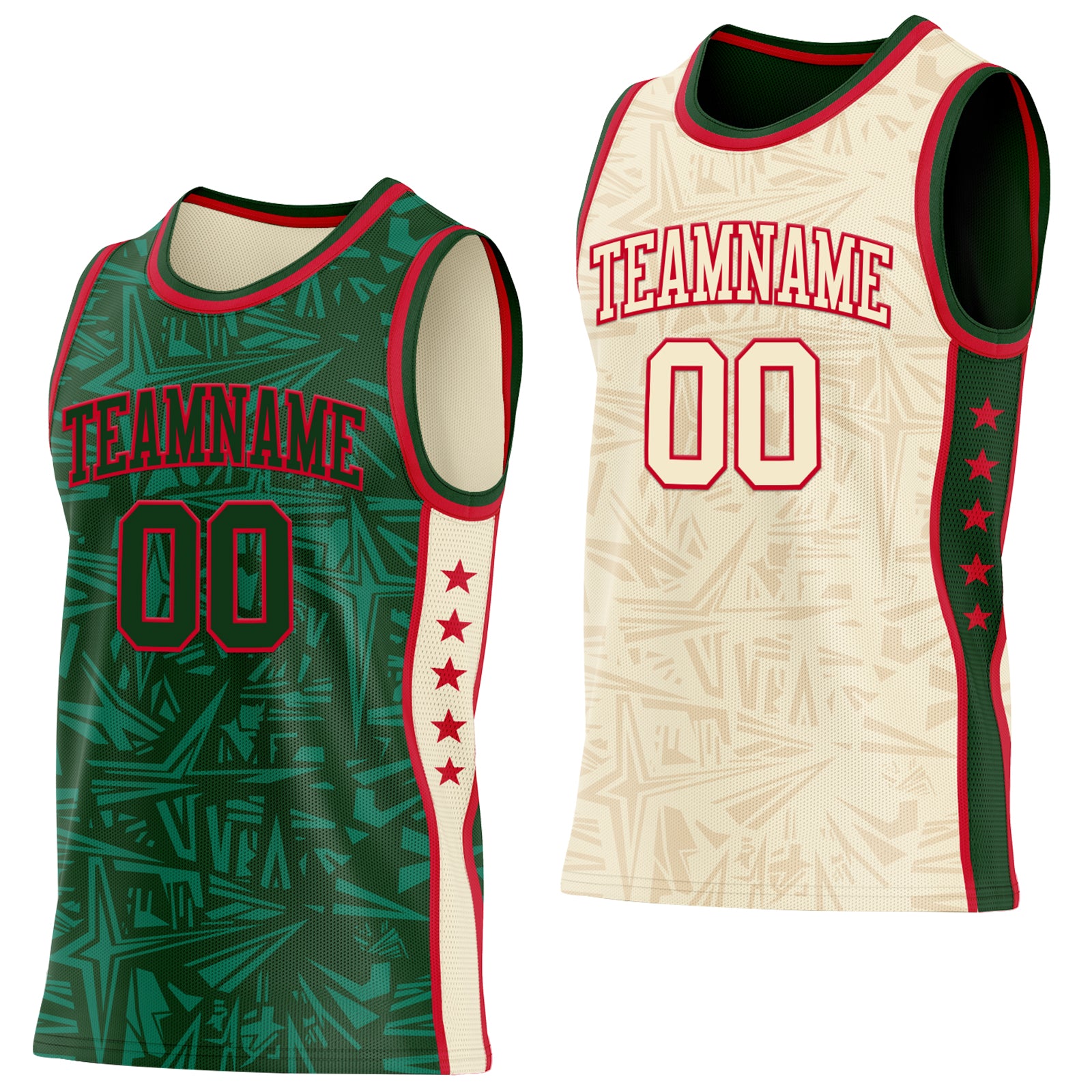 Custom Green Red-Cream Side Panel Stripe Stars Geometric Shatter Starburst Reversible Double Side Sublimation Basketball Set Jersey