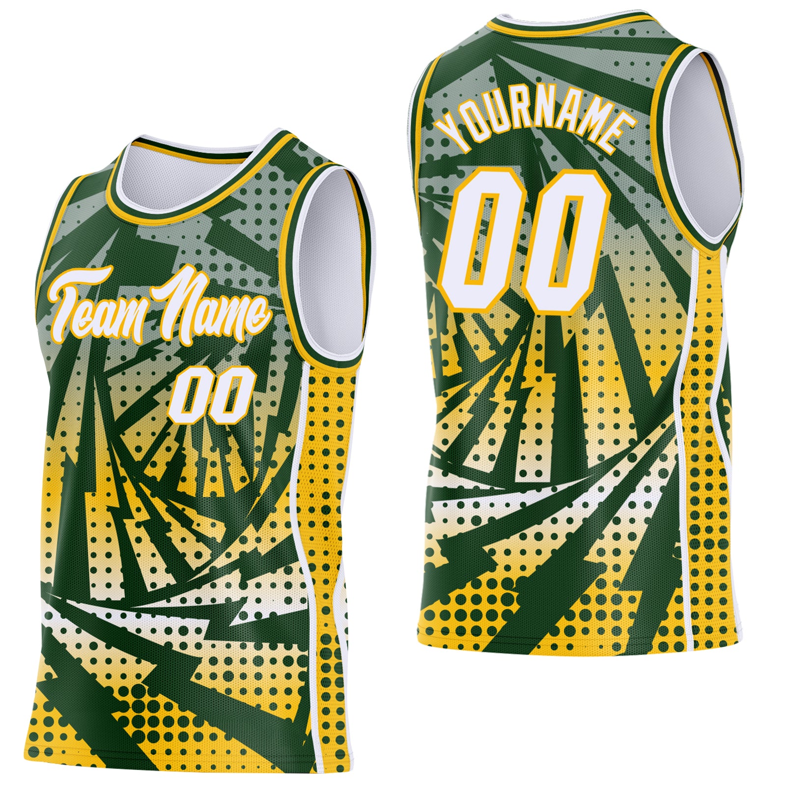Custom Green White-Gold Lightning Gradient Dot Side Panel Stripe Round Neck Sublimation Basketball Set Jersey
