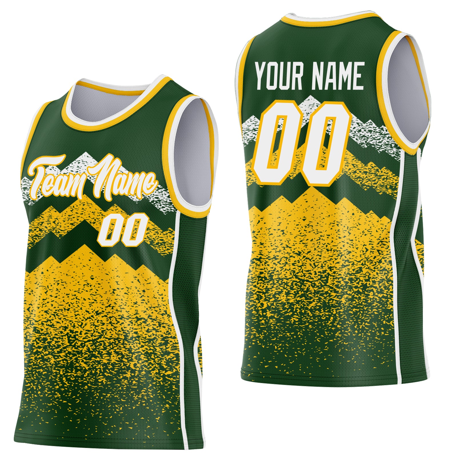 Custom Green White-Gold Mountain Peak Shards Side Panel Stripe Round Neck Sublimation Basketball Set Jersey