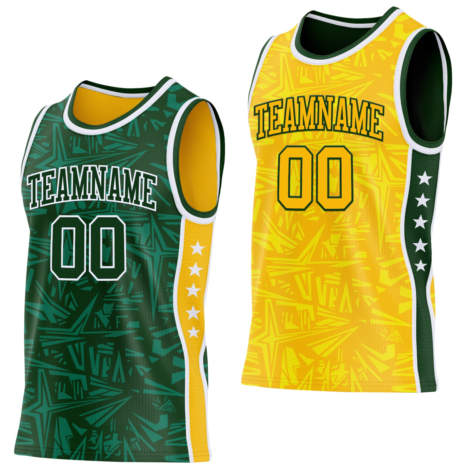 Custom Green White-Gold Side Panel Stripe Stars Geometric Shatter Starburst Reversible Double Side Sublimation Basketball Set Jersey