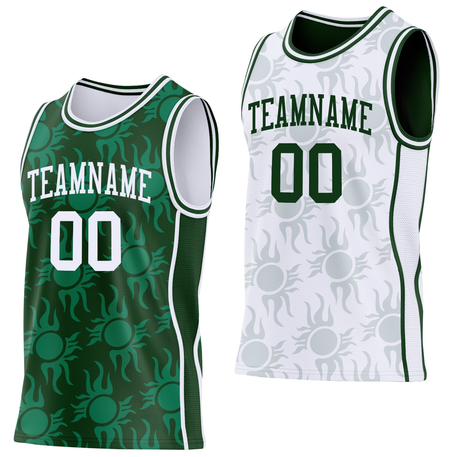 Custom Green-White Side Panel Stripe Sun Flame Reversible Double Side Sublimation Basketball Set Jersey