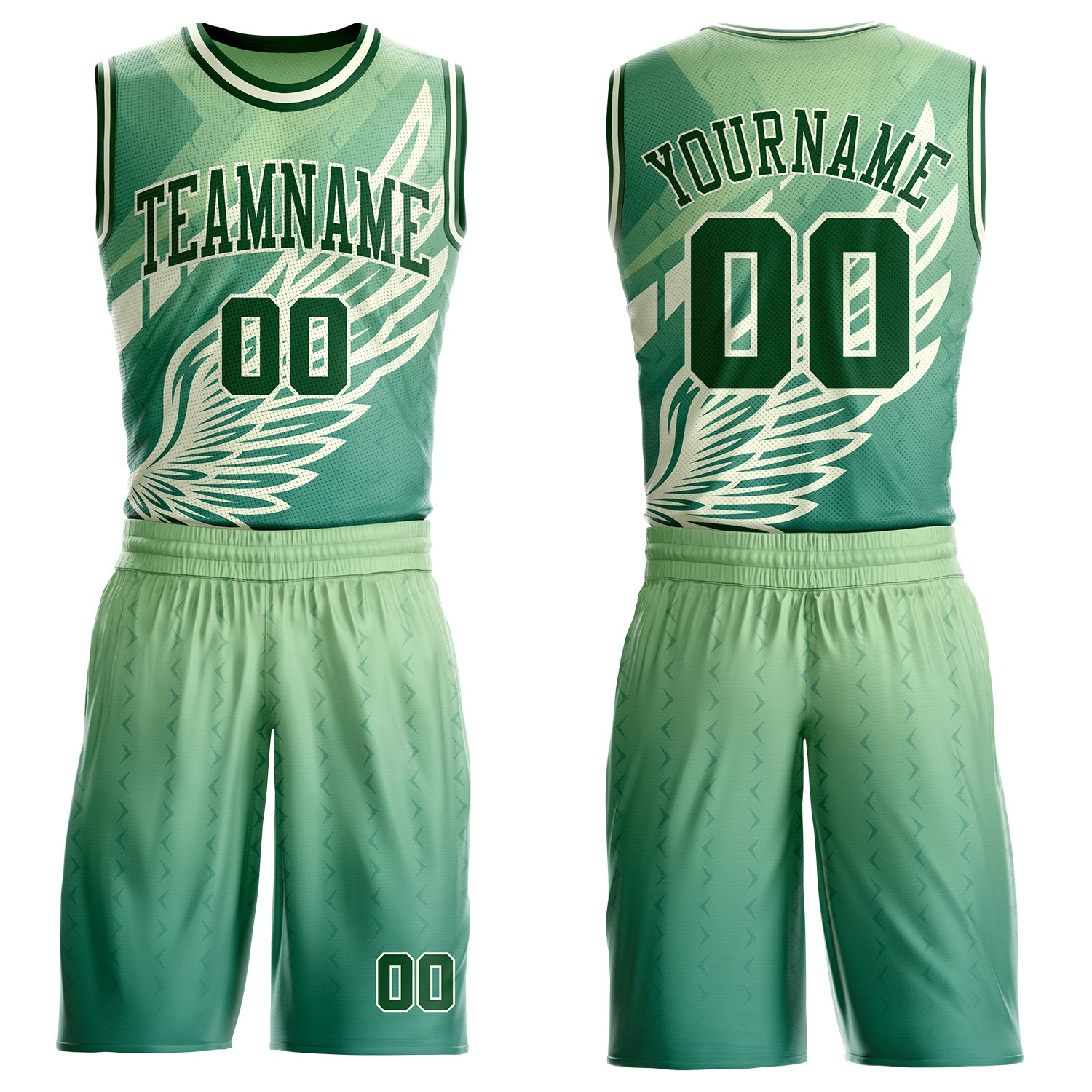 Custom Green Yellow-Cream Feather Wing Boho Style Round Neck Sublimation Basketball Uniform Jersey