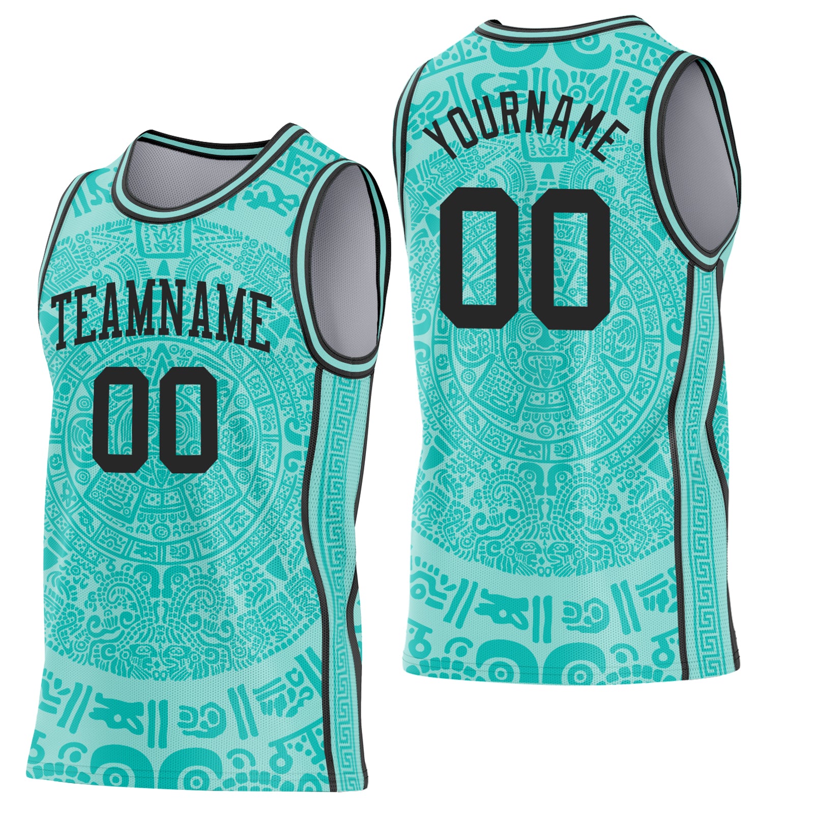 Custom Ice Blue-Black Tribal Ethnic Aztec Sun Stone Side Panel Stripe Round Neck Sublimation Basketball Set Jersey