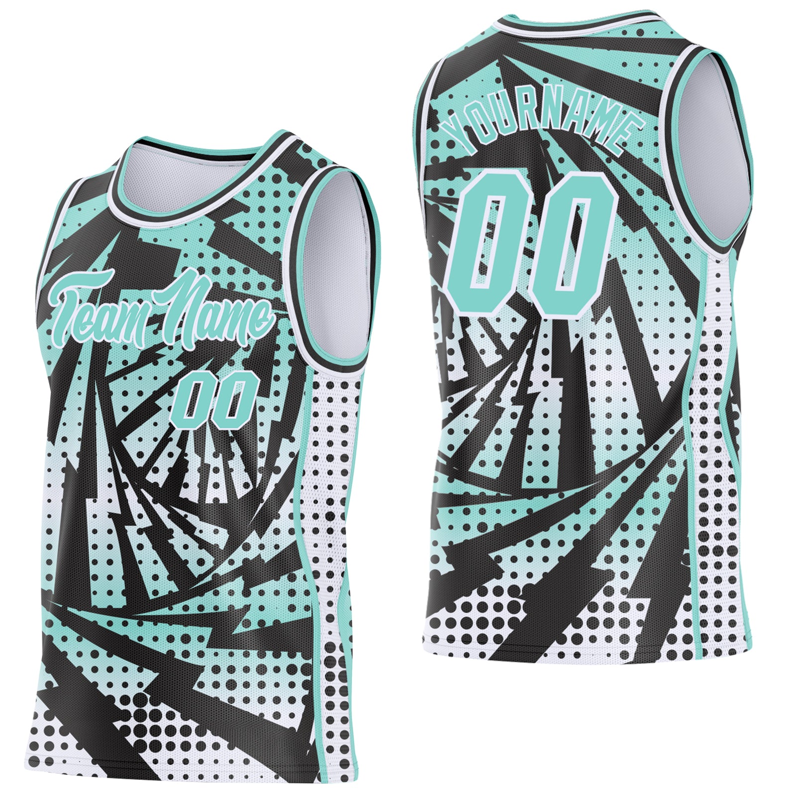 Custom Ice Blue Black-White Lightning Gradient Dot Side Panel Stripe Round Neck Sublimation Basketball Set Jersey