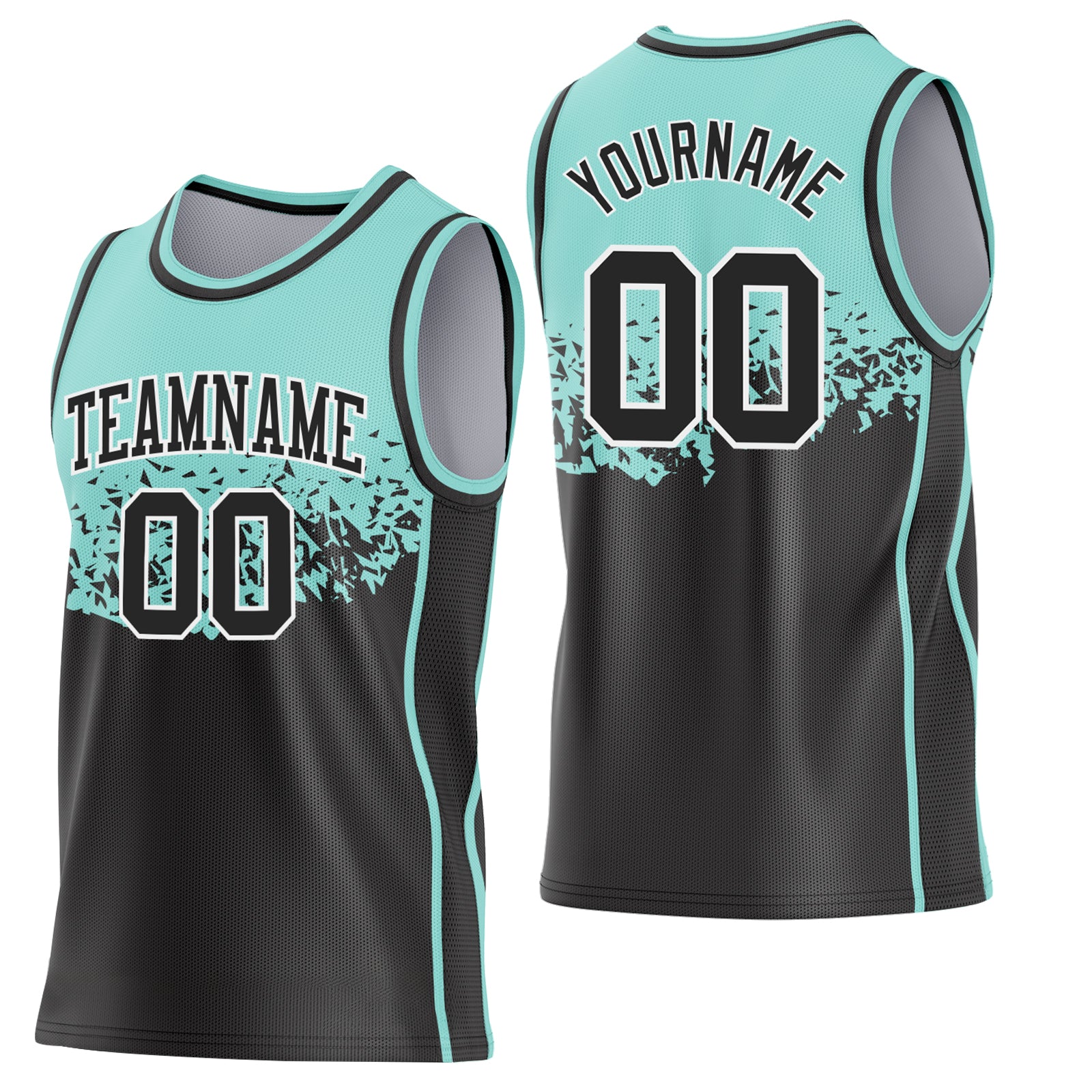 Custom Ice Blue Black-White Shattered Geometric Side Panel Stripe Round Neck Sublimation Basketball Set Jersey