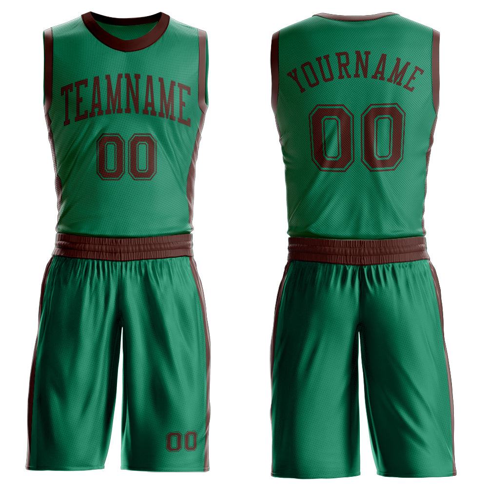 Custom Kelly Green Brown Round Neck Suit Basketball Jersey
