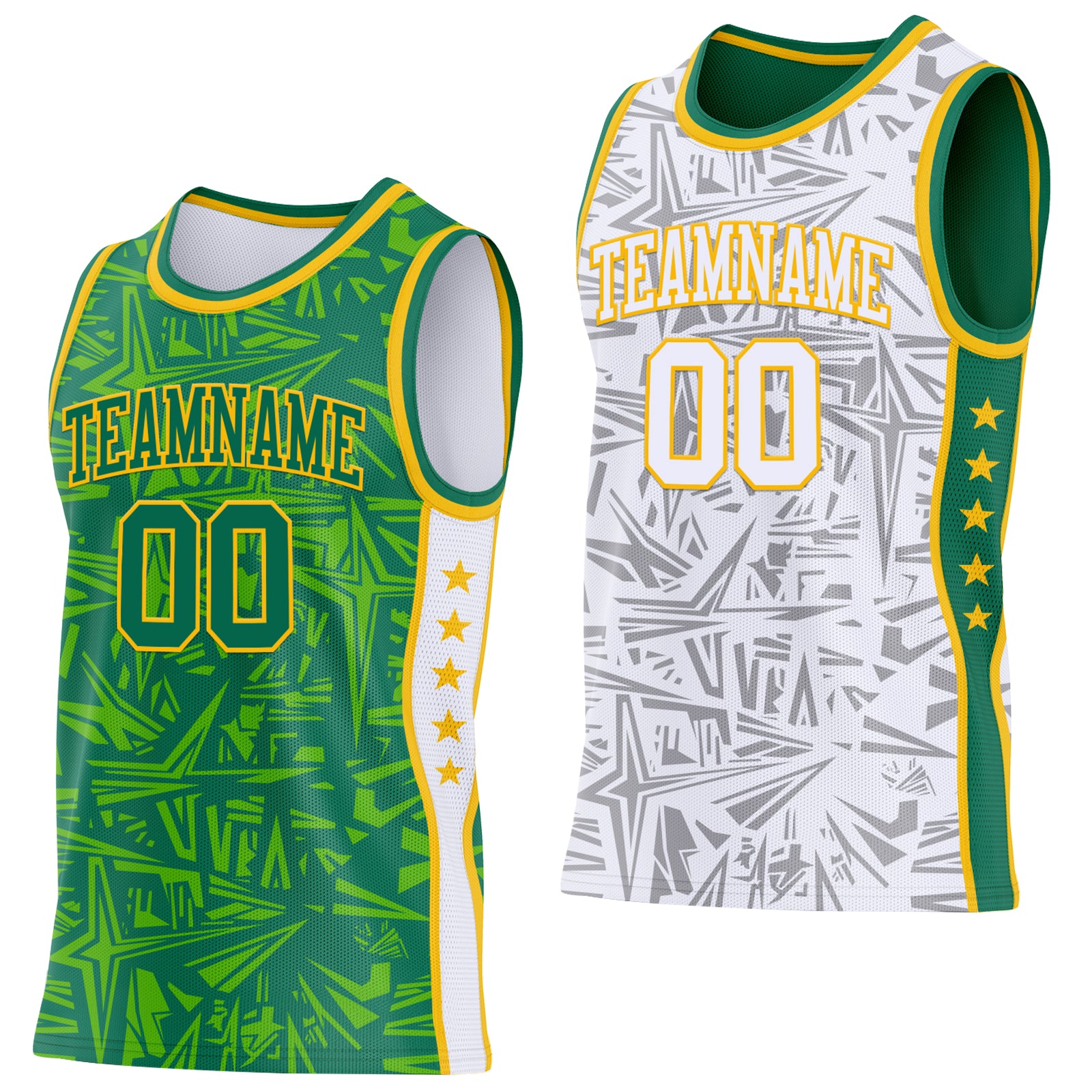Custom Kelly Green Gold-White Side Panel Stripe Stars Geometric Shatter Starburst Reversible Double Side Sublimation Basketball Set Jersey