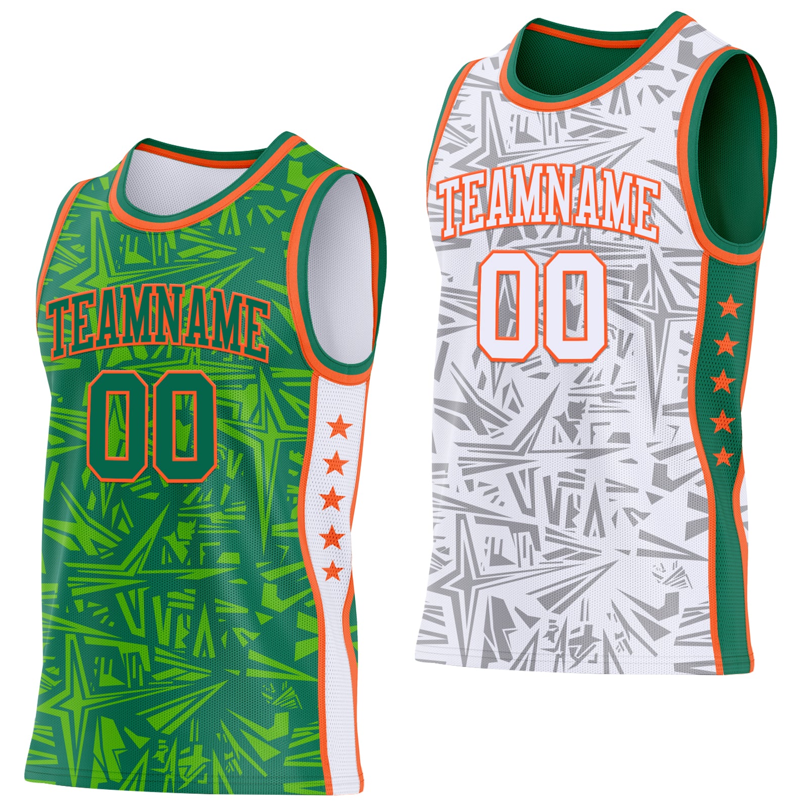 Custom Kelly Green Orange-White Side Panel Stripe Stars Geometric Shatter Starburst Reversible Double Side Sublimation Basketball Set Jersey