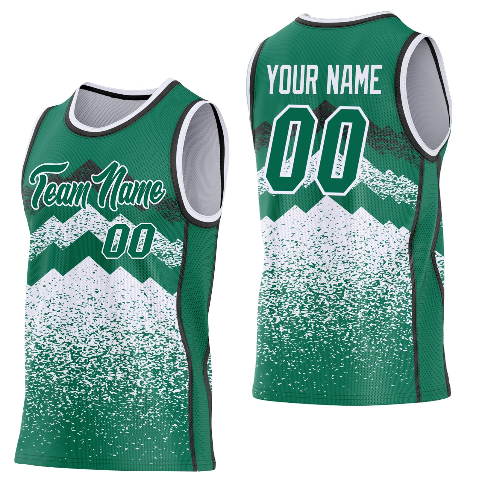 Custom Kelly Green White-Black Mountain Peak Shards Side Panel Stripe Round Neck Sublimation Basketball Set Jersey