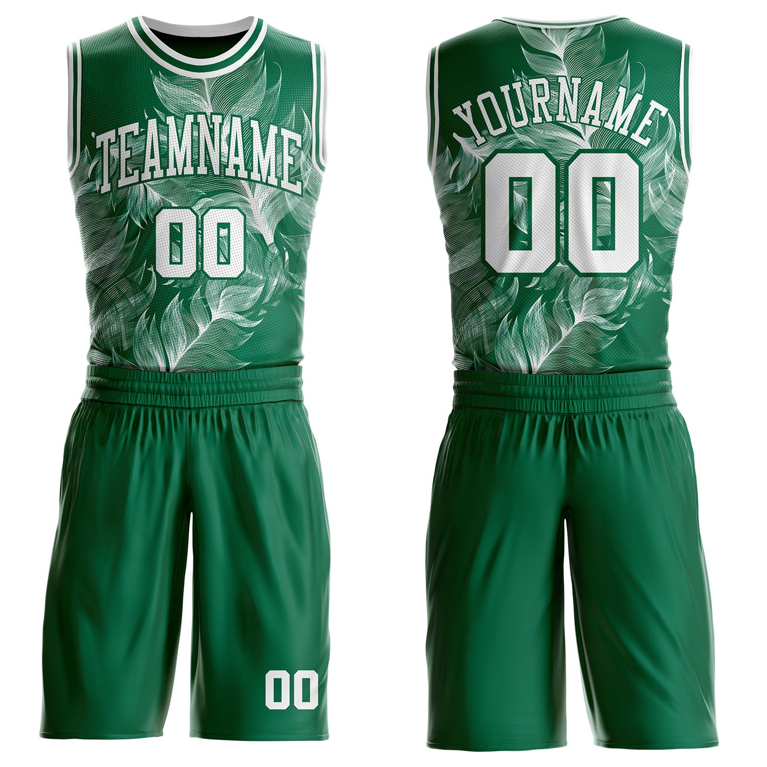 Custom Kelly Green-White Feather Wing Boho Style Round Neck Sublimation Basketball Uniform Jersey