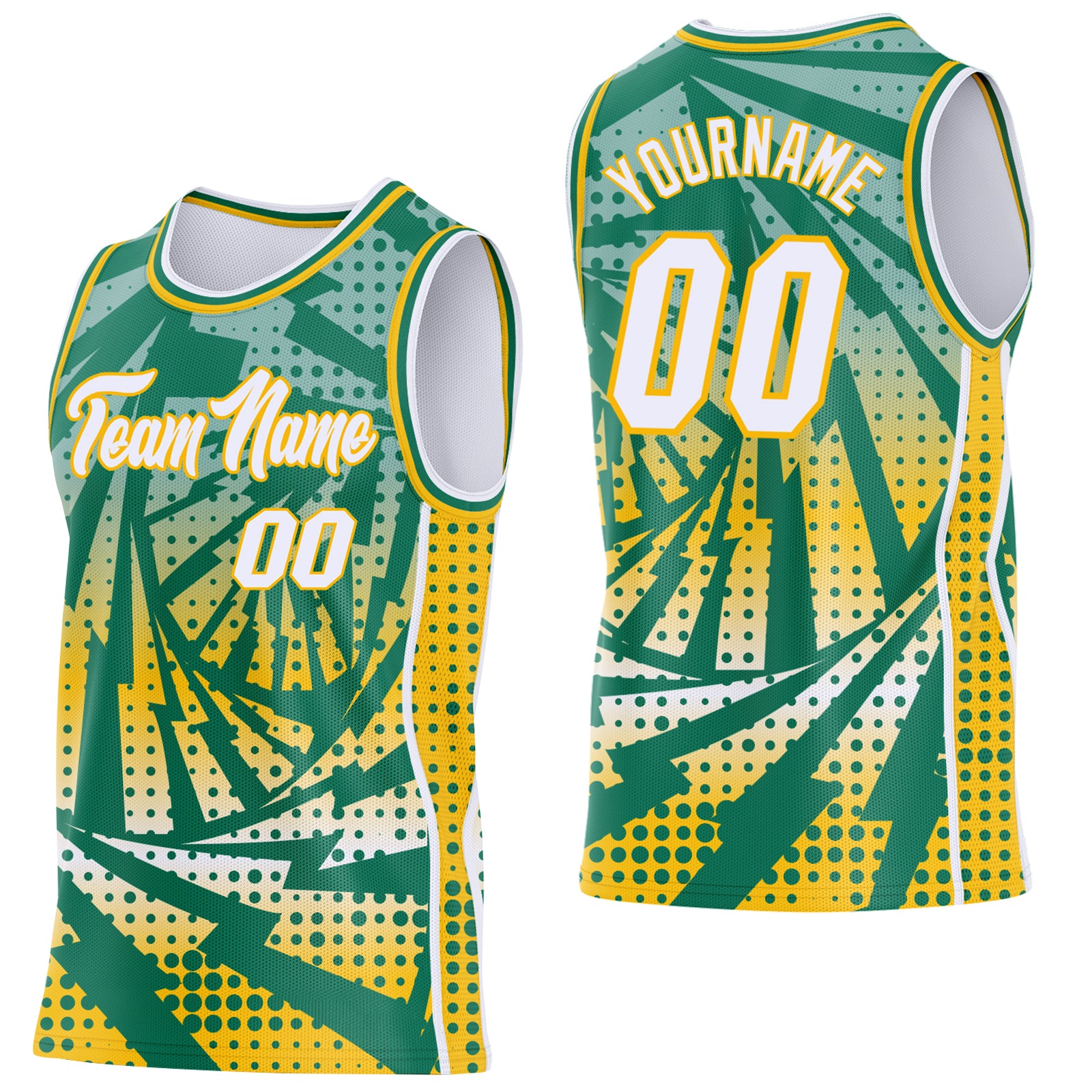 Custom Kelly Green White-Gold Lightning Gradient Dot Side Panel Stripe Round Neck Sublimation Basketball Set Jersey