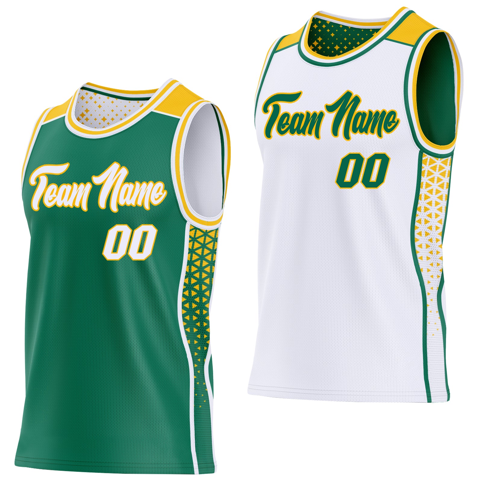 Custom Kelly Green White-Gold Side Panel Stripe Geometric Triangle Gradient Dot Reversible Double Side Sublimation Basketball Set Jersey