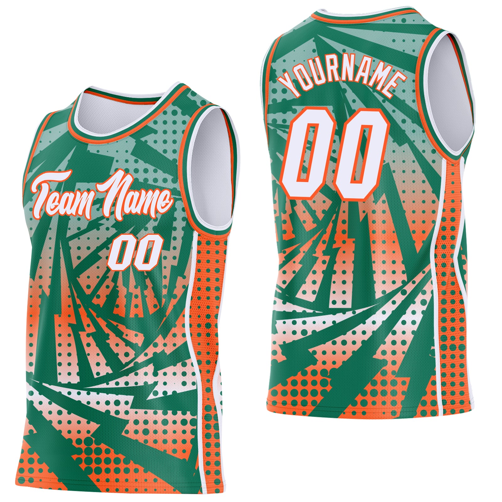 Custom Kelly Green White-Orange Lightning Gradient Dot Side Panel Stripe Round Neck Sublimation Basketball Set Jersey