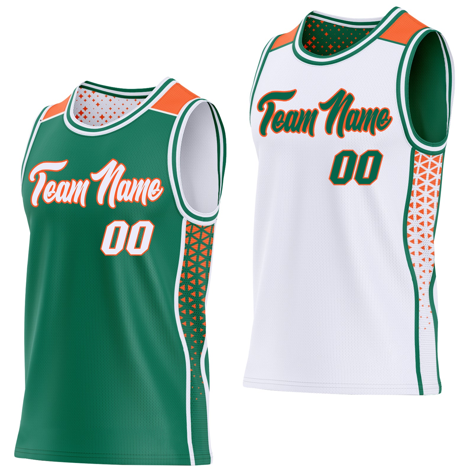 Custom Kelly Green White-Orange Side Panel Stripe Geometric Triangle Gradient Dot Reversible Double Side Sublimation Basketball Set Jersey