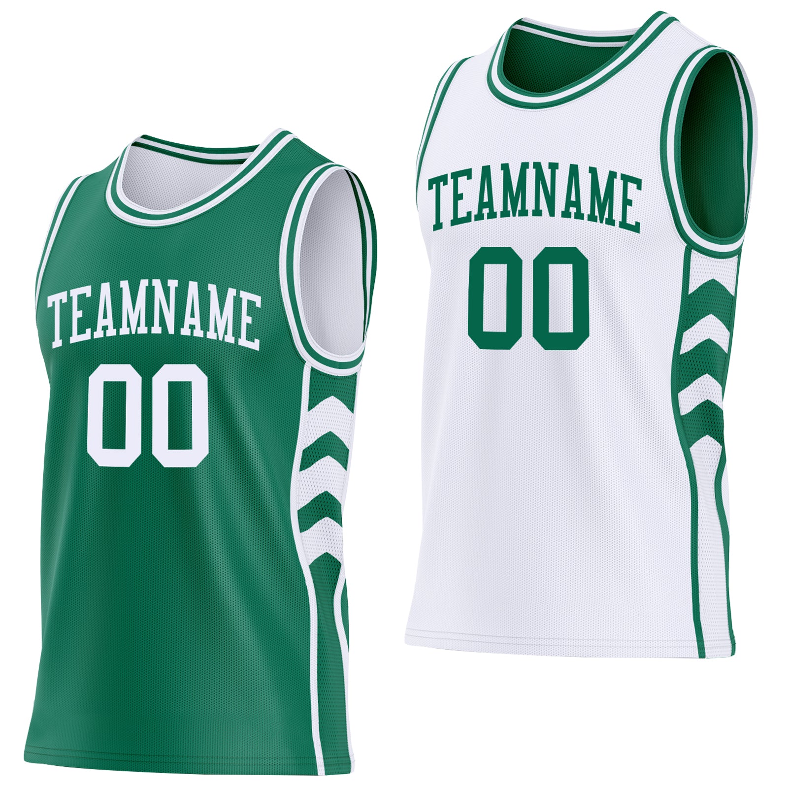 Custom Kelly Green-White Side Panel Geometric Chevron Reversible Double Side Sublimation Basketball Set Jersey