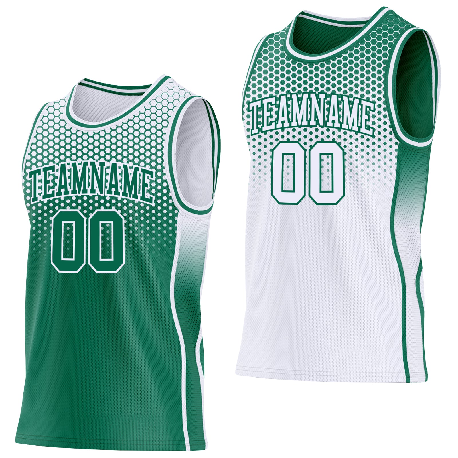 Custom Kelly Green-White Side Panel Stripe Gradient Geometric Honeycomb Reversible Double Side Sublimation Basketball Set Jersey