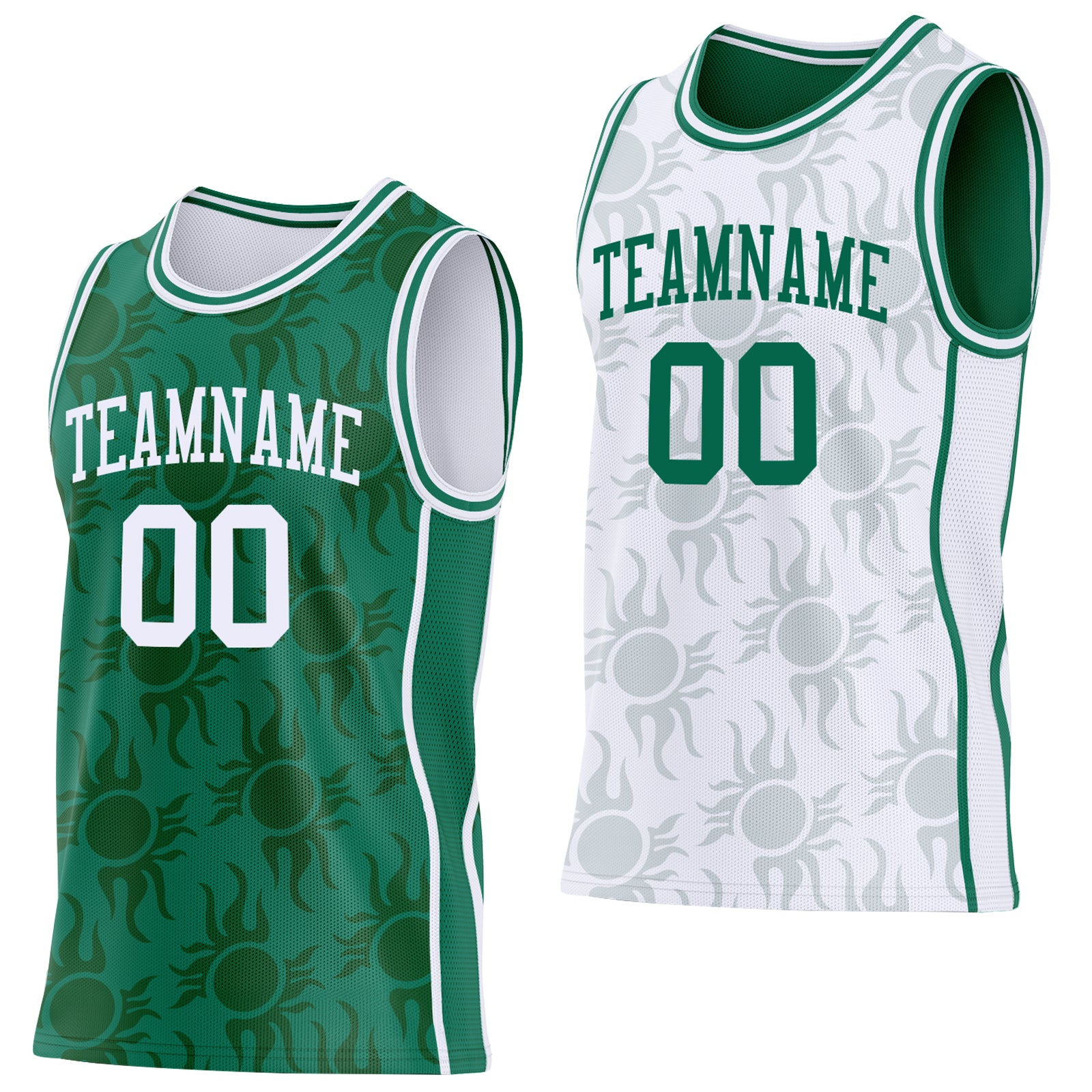 Custom Kelly Green-White Side Panel Stripe Sun Flame Reversible Double Side Sublimation Basketball Set Jersey