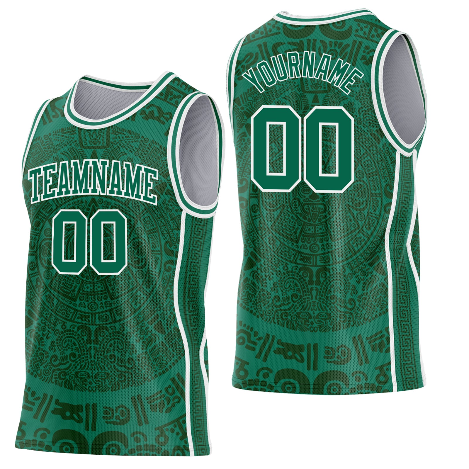 Custom Kelly Green-White Tribal Ethnic Aztec Sun Stone Side Panel Stripe Round Neck Sublimation Basketball Set Jersey