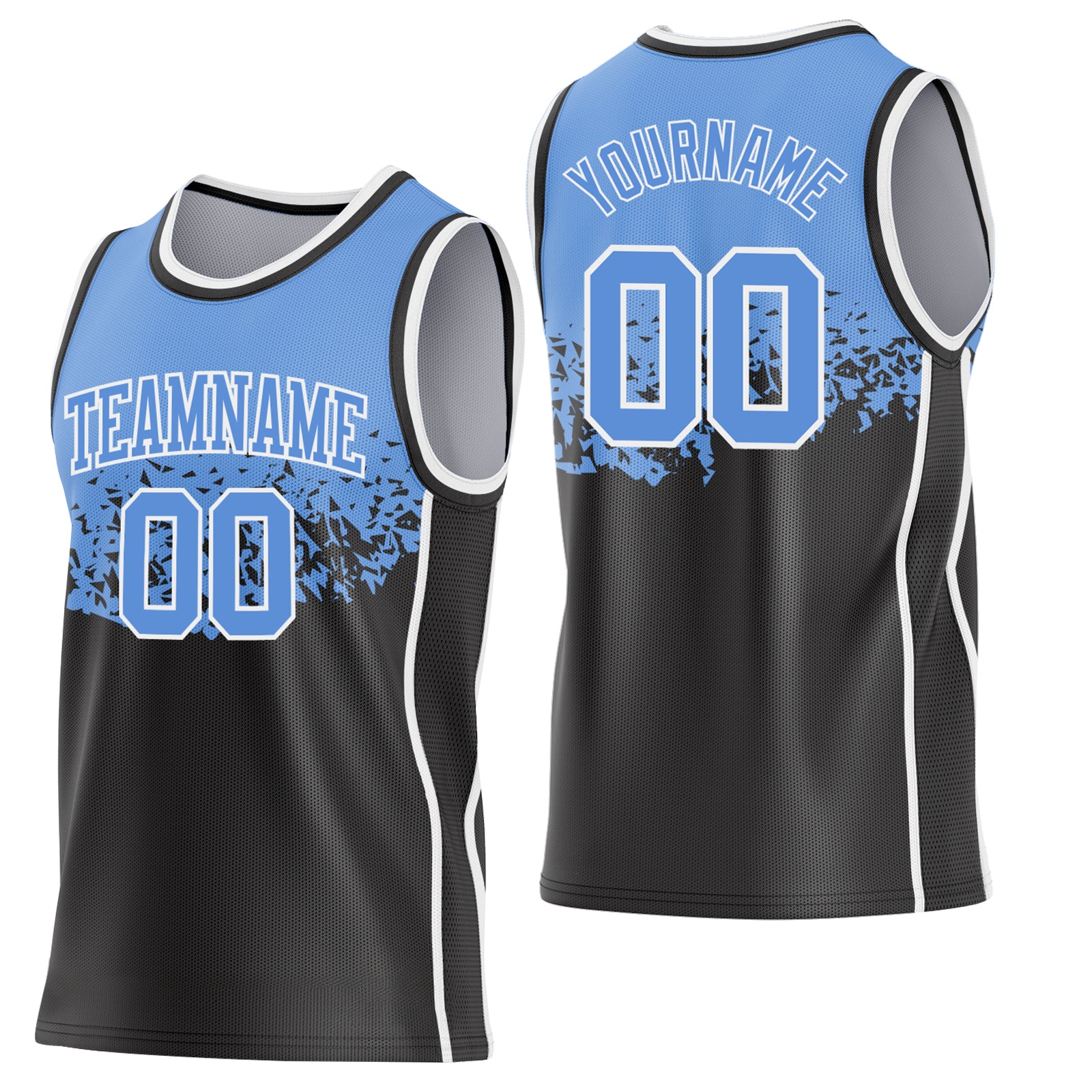 Custom Light Blue Black-White Shattered Geometric Side Panel Stripe Round Neck Sublimation Basketball Set Jersey