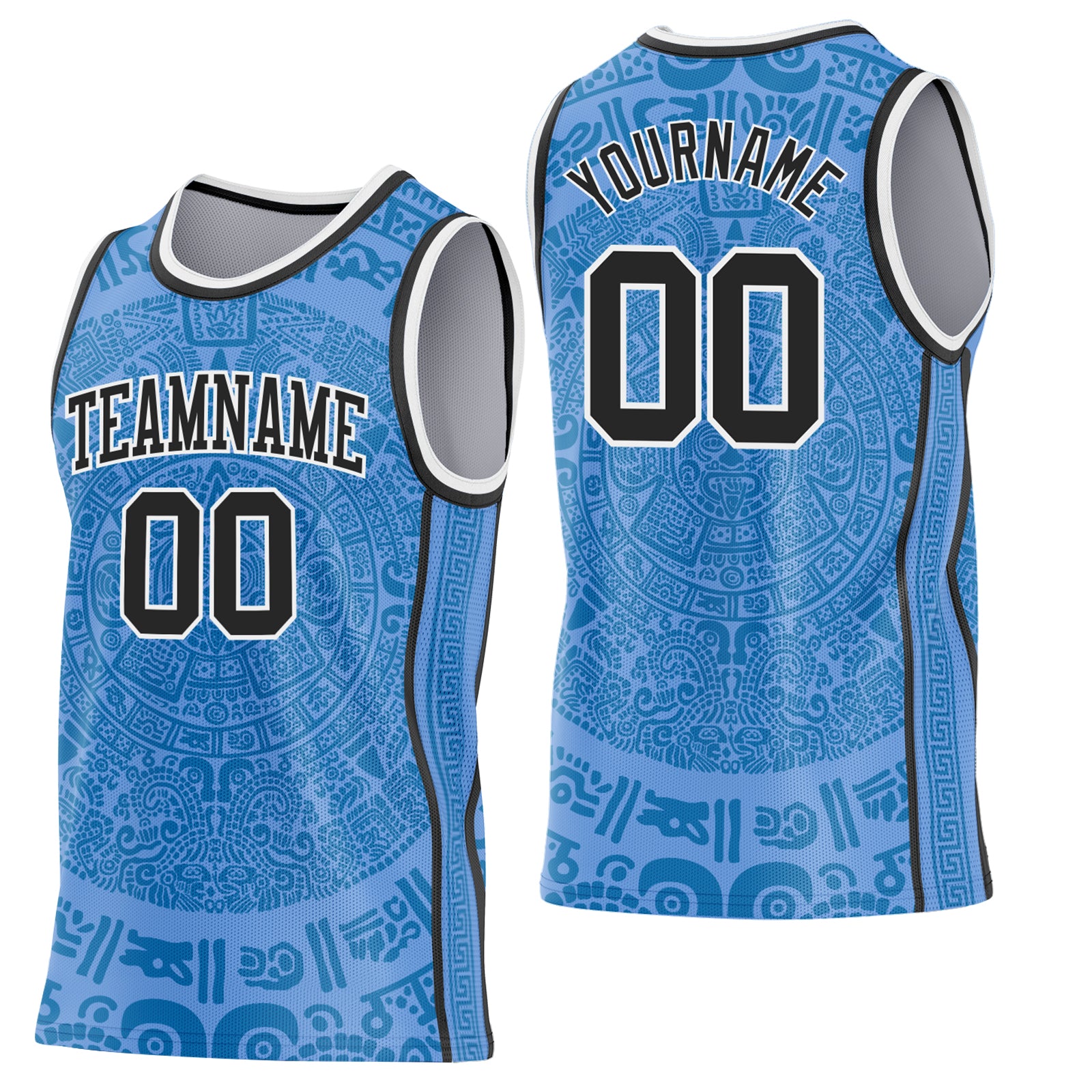 Custom Light Blue Black-White Tribal Ethnic Aztec Sun Stone Side Panel Stripe Round Neck Sublimation Basketball Set Jersey