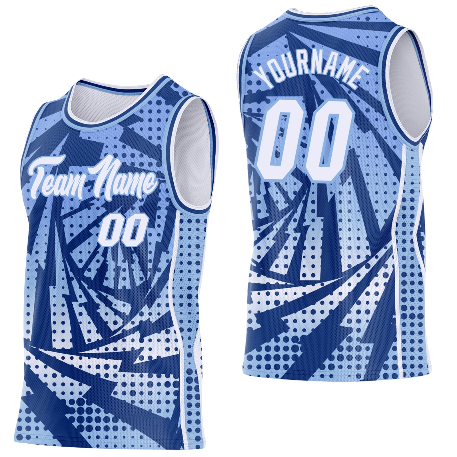 Custom Light Blue White-Royal Lightning Gradient Dot Side Panel Stripe Round Neck Sublimation Basketball Set Jersey